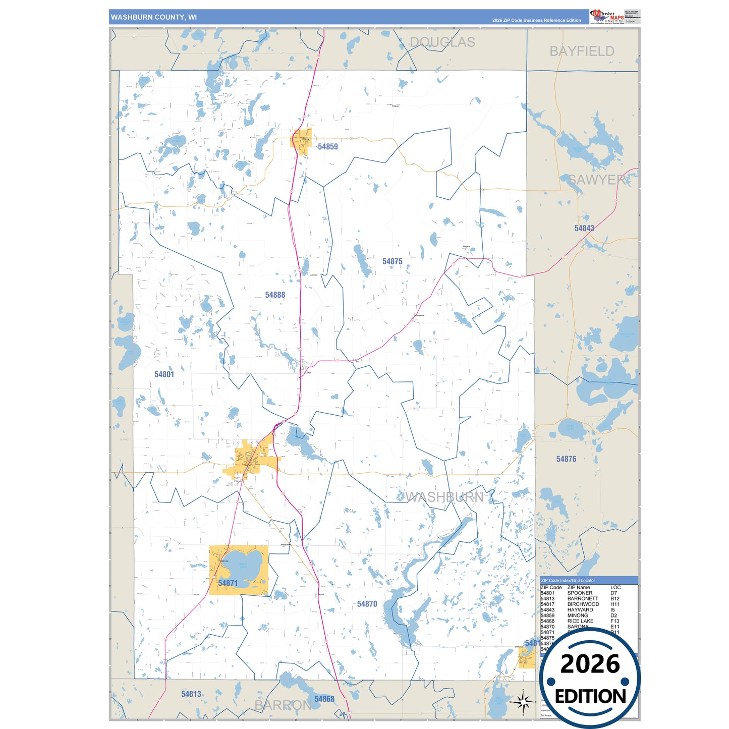 Washburn County, WI Business Reference 5 Digit ZIP Code Wall Map