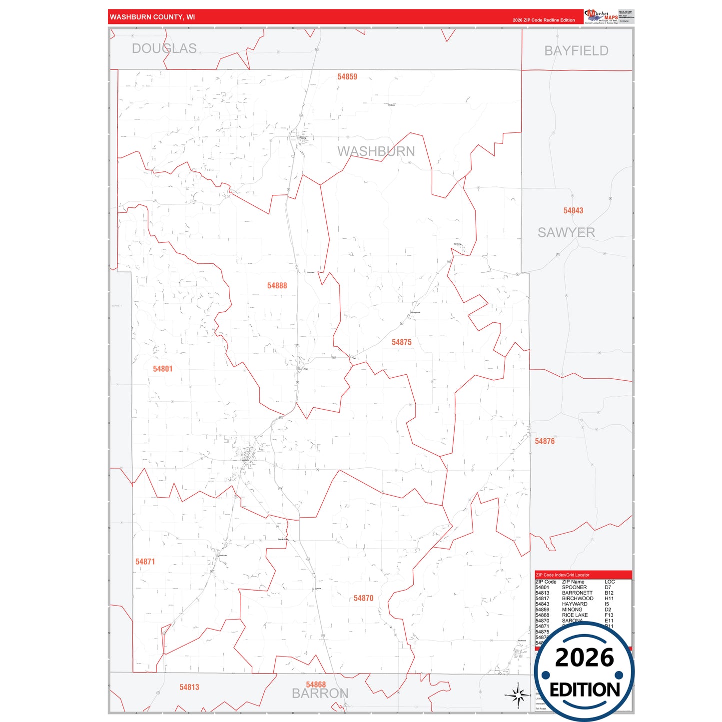 Washburn County, WI Red Line 5 Digit ZIP Code Wall Map