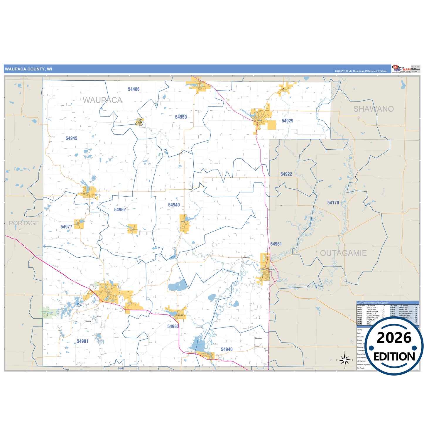 Waupaca County, WI Business Reference 5 Digit ZIP Code Wall Map