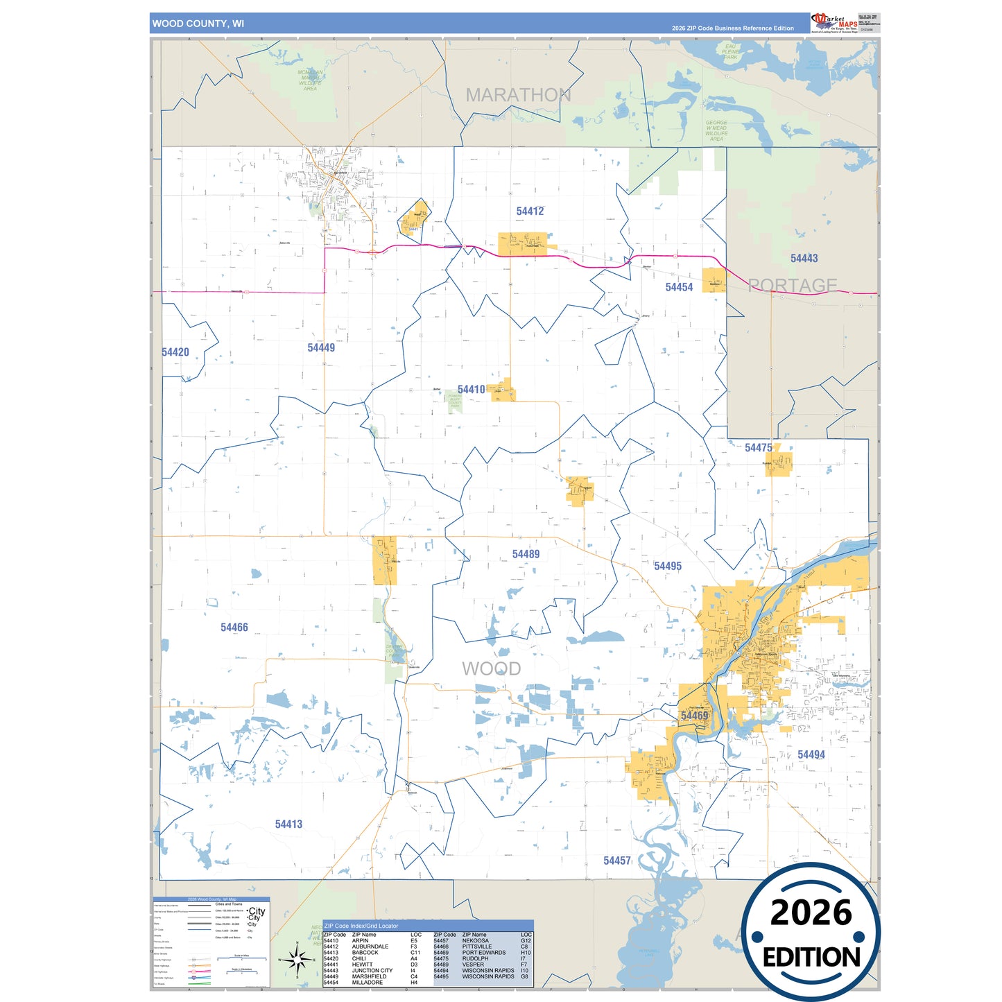Wood County, WI Business Reference 5 Digit ZIP Code Wall Map