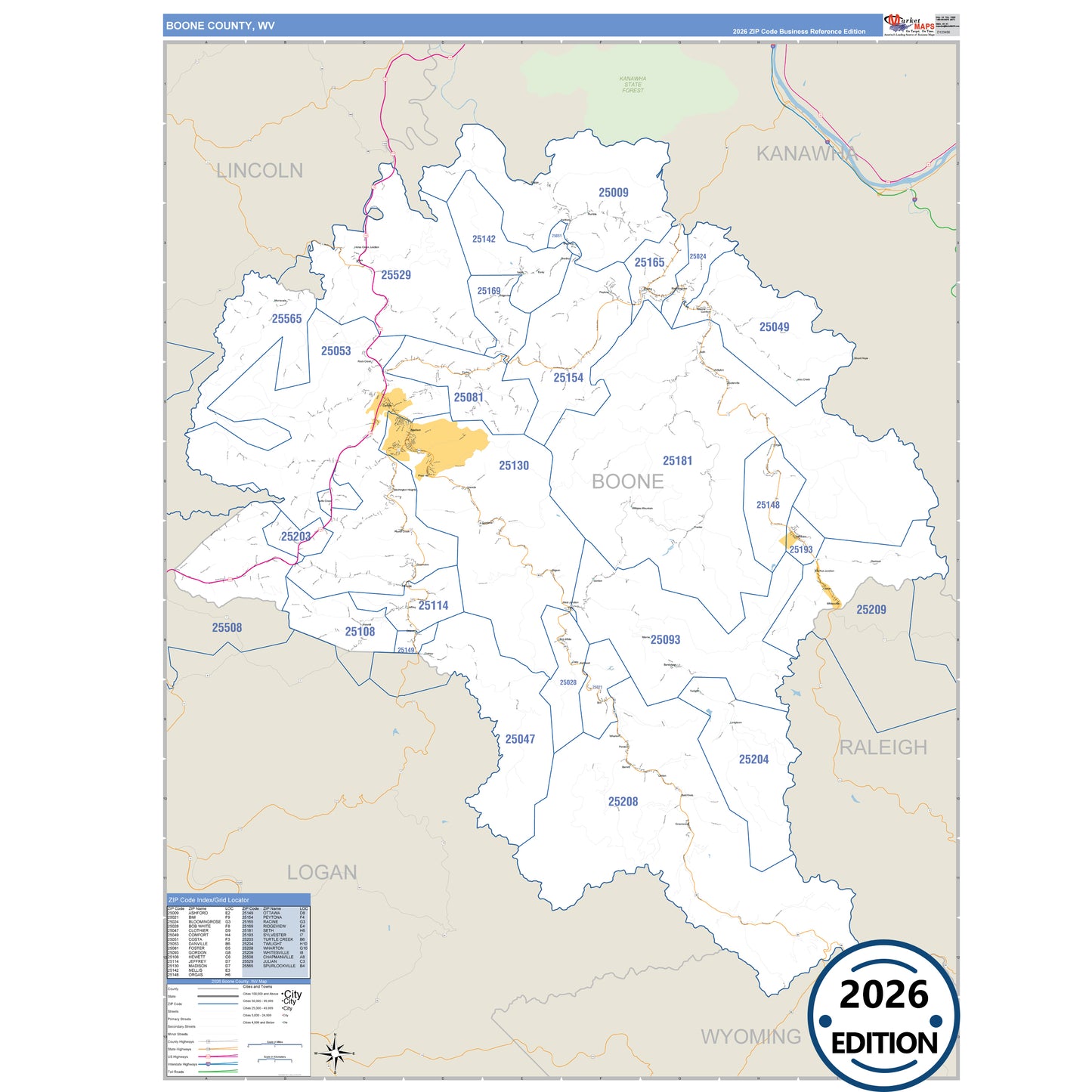 Boone County, WV Business Reference 5 Digit ZIP Code Wall Map