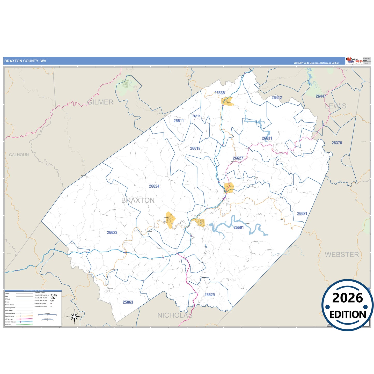 Braxton County, WV Business Reference 5 Digit ZIP Code Wall Map