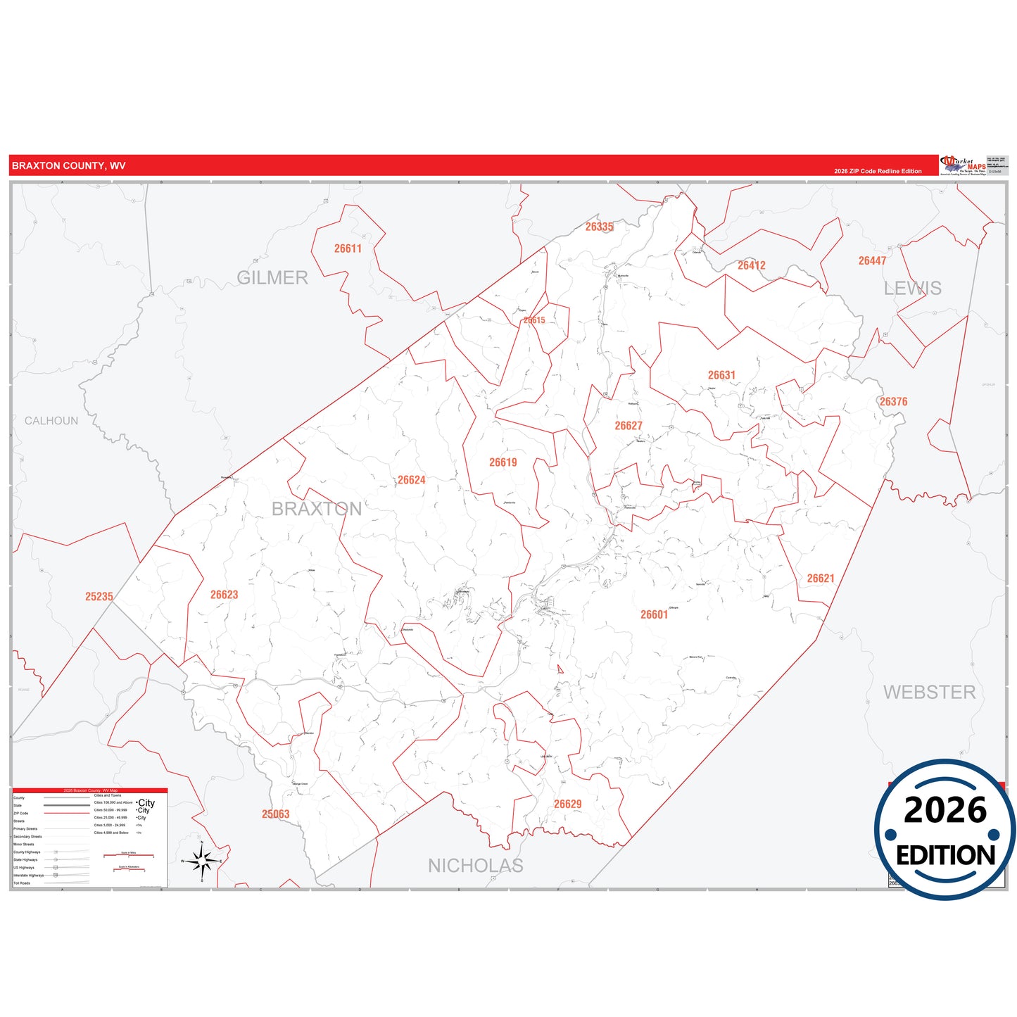 Braxton County, WV Red Line 5 Digit ZIP Code Wall Map