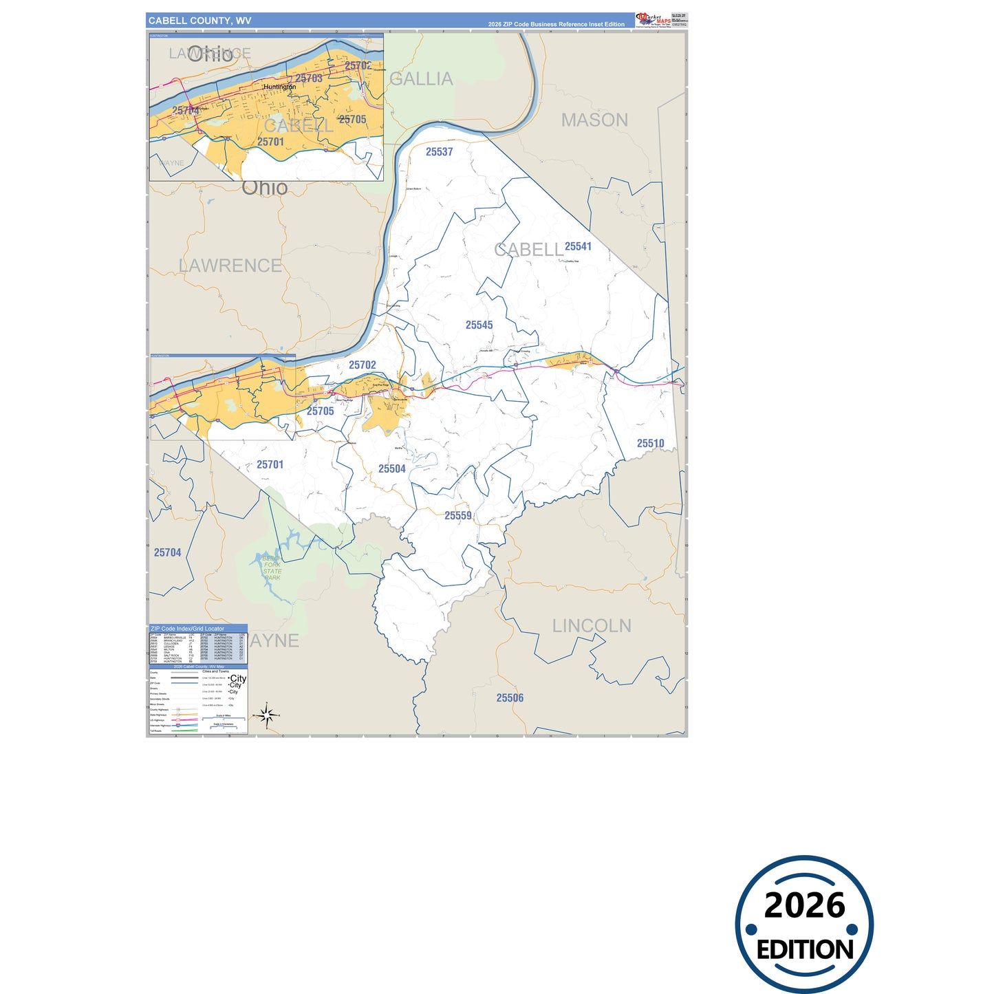 Cabell County, WV Business Reference 5 Digit ZIP Code Wall Map