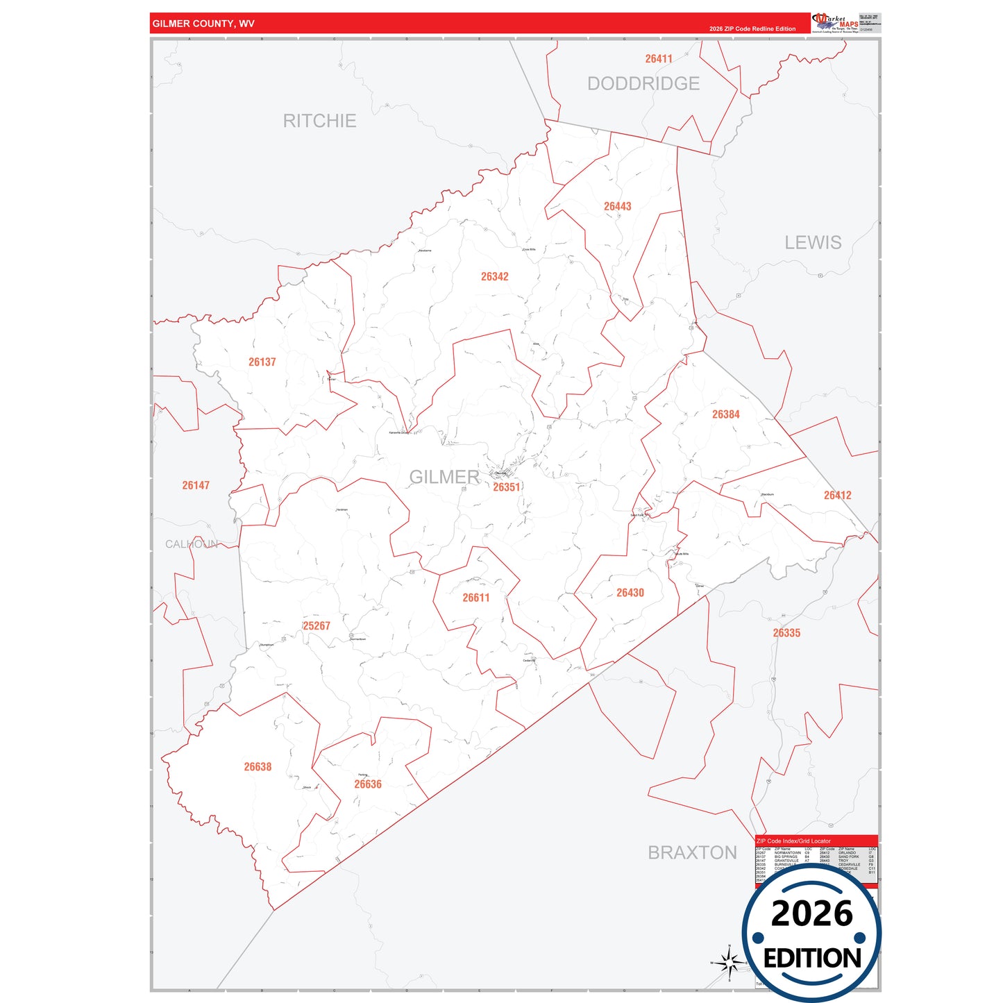 Gilmer County, WV Red Line 5 Digit ZIP Code Wall Map