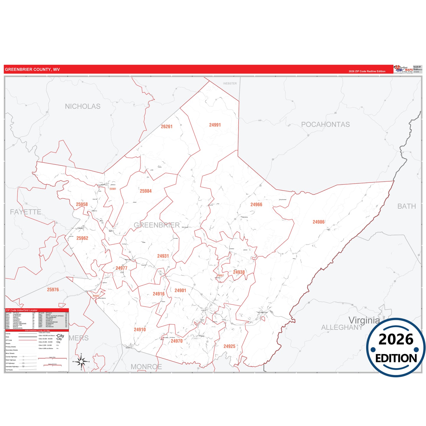 Greenbrier County, WV Red Line 5 Digit ZIP Code Wall Map