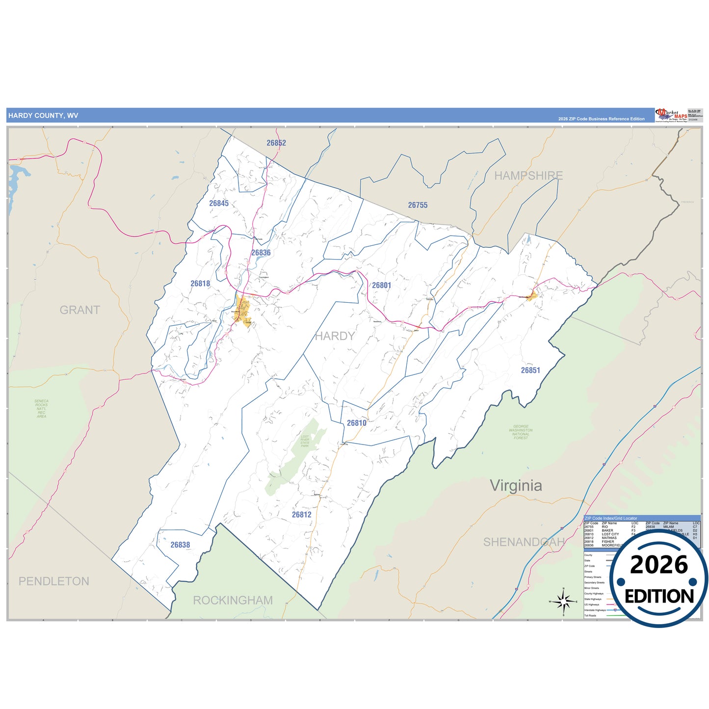 Hardy County, WV Business Reference 5 Digit ZIP Code Wall Map