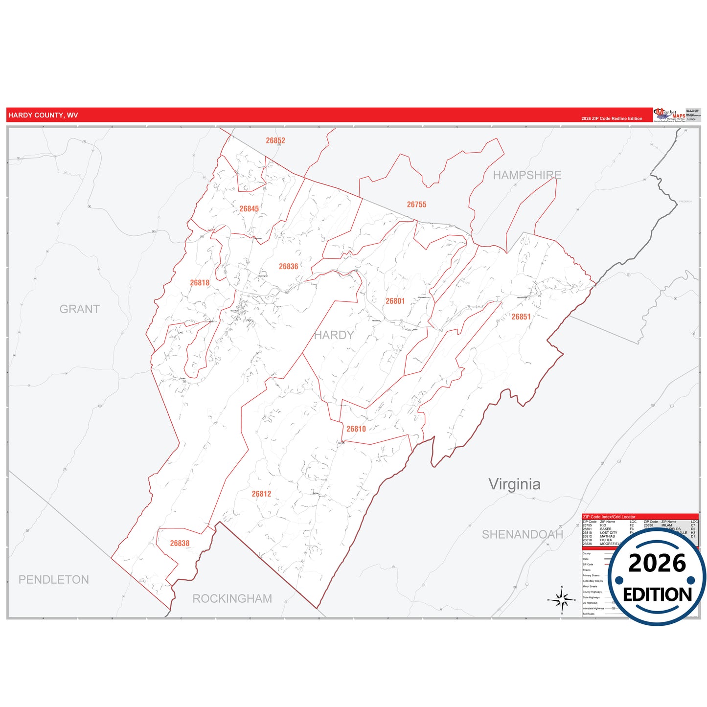 Hardy County, WV Red Line 5 Digit ZIP Code Wall Map