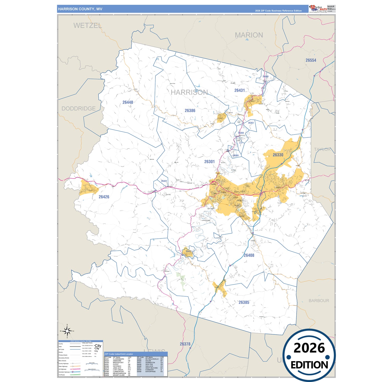Harrison County, WV Business Reference 5 Digit ZIP Code Wall Map