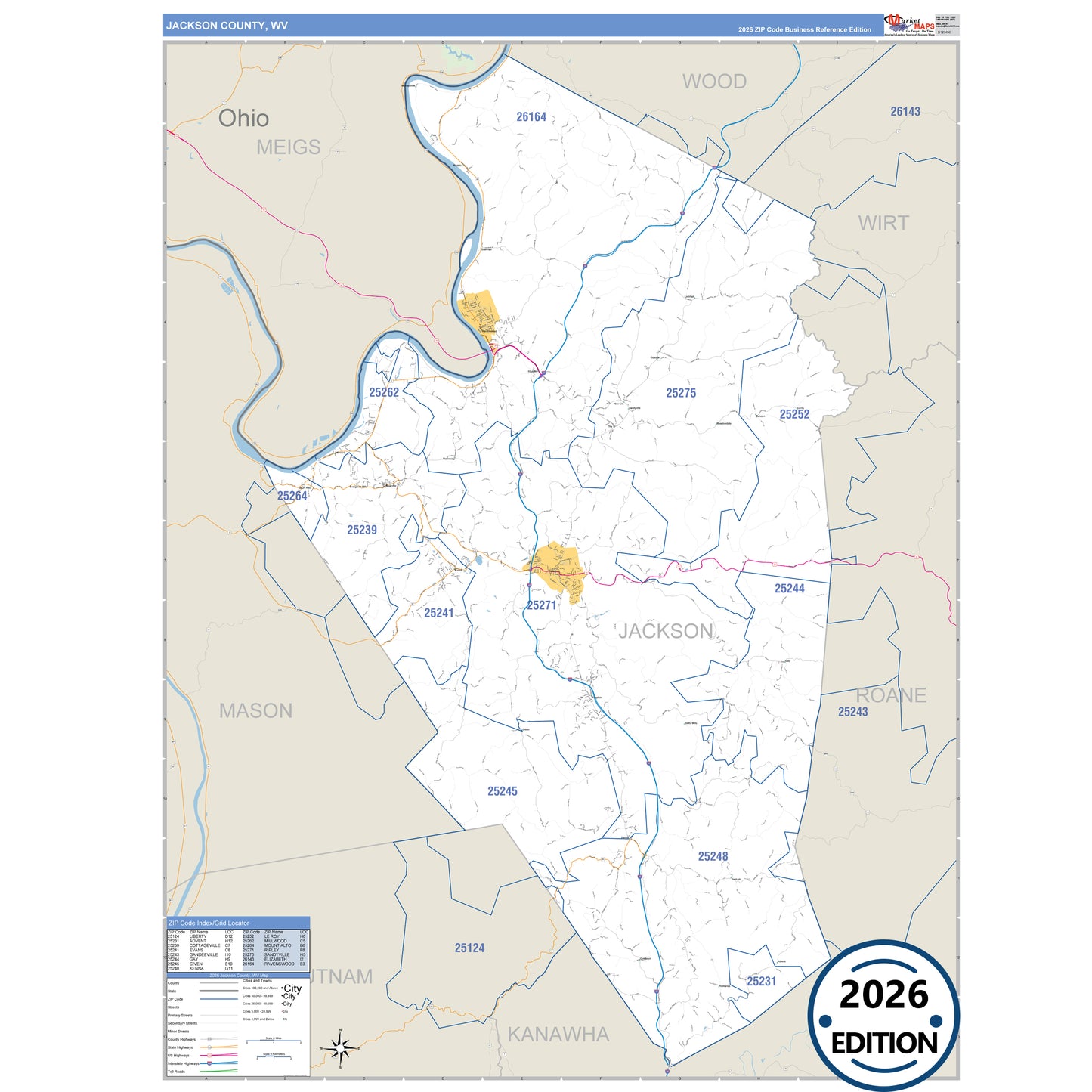 Jackson County, WV Business Reference 5 Digit ZIP Code Wall Map