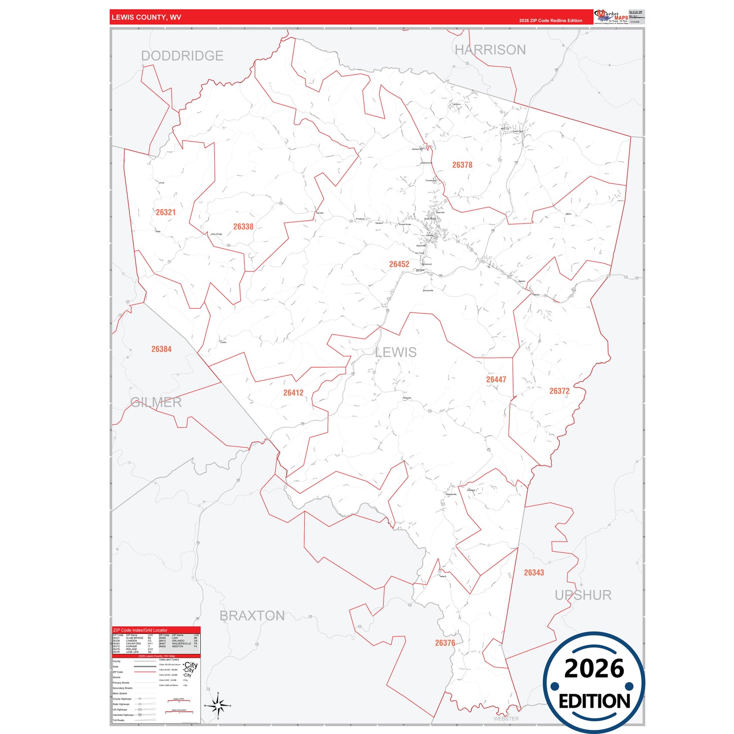 Lewis County, WV Red Line 5 Digit ZIP Code Wall Map