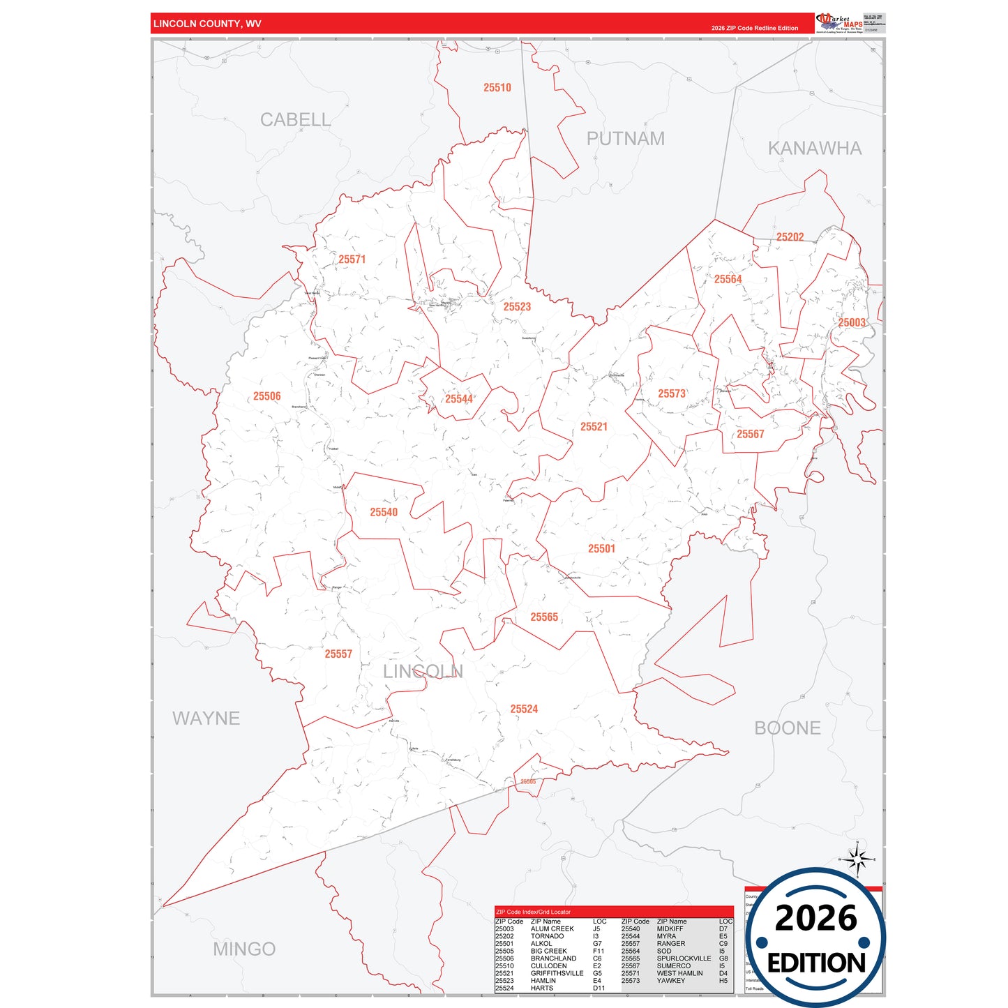 Lincoln County, WV Red Line 5 Digit ZIP Code Wall Map
