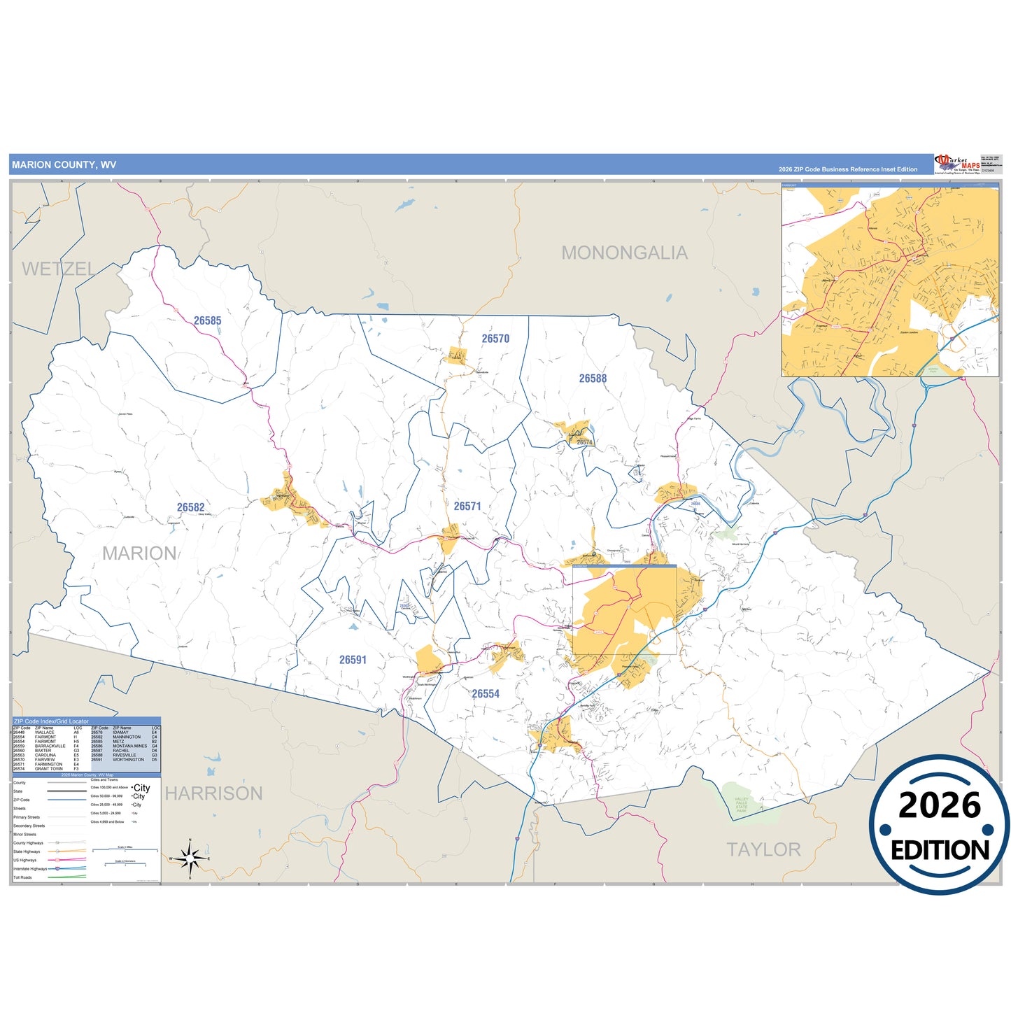 Marion County, WV Business Reference 5 Digit ZIP Code Wall Map