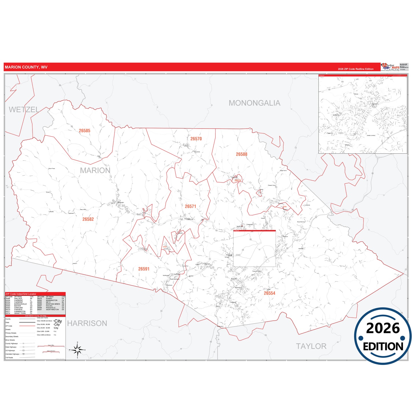Marion County, WV Red Line 5 Digit ZIP Code Wall Map