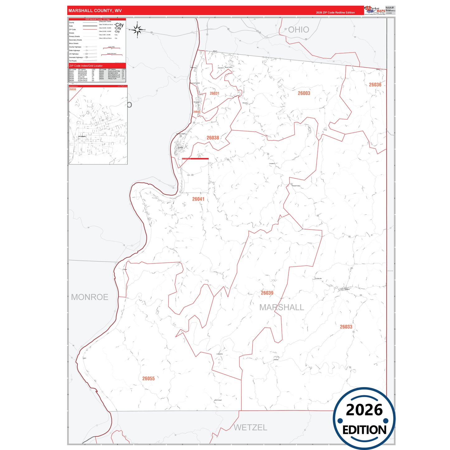 Marshall County, WV Red Line 5 Digit ZIP Code Wall Map