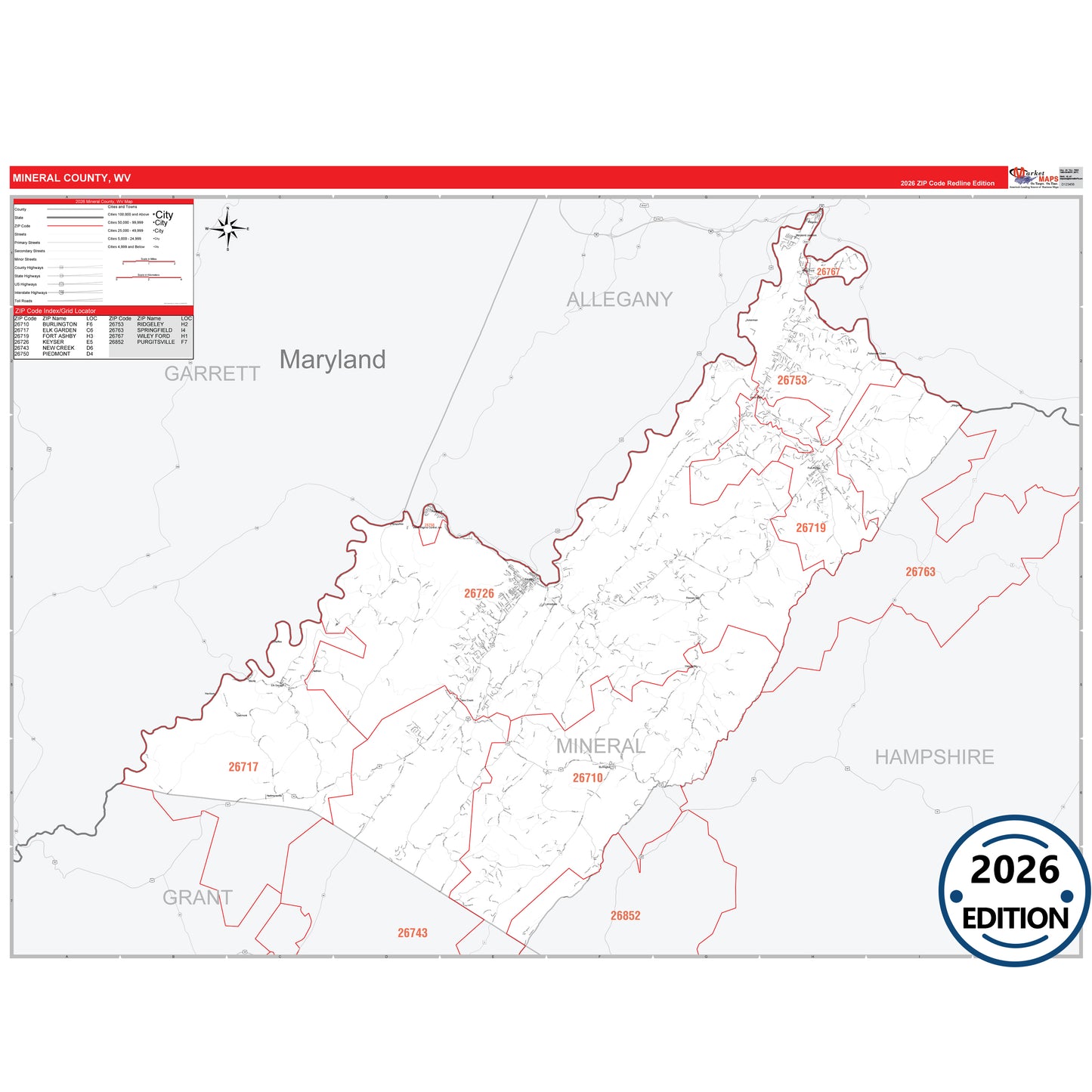 Mineral County, WV Red Line 5 Digit ZIP Code Wall Map