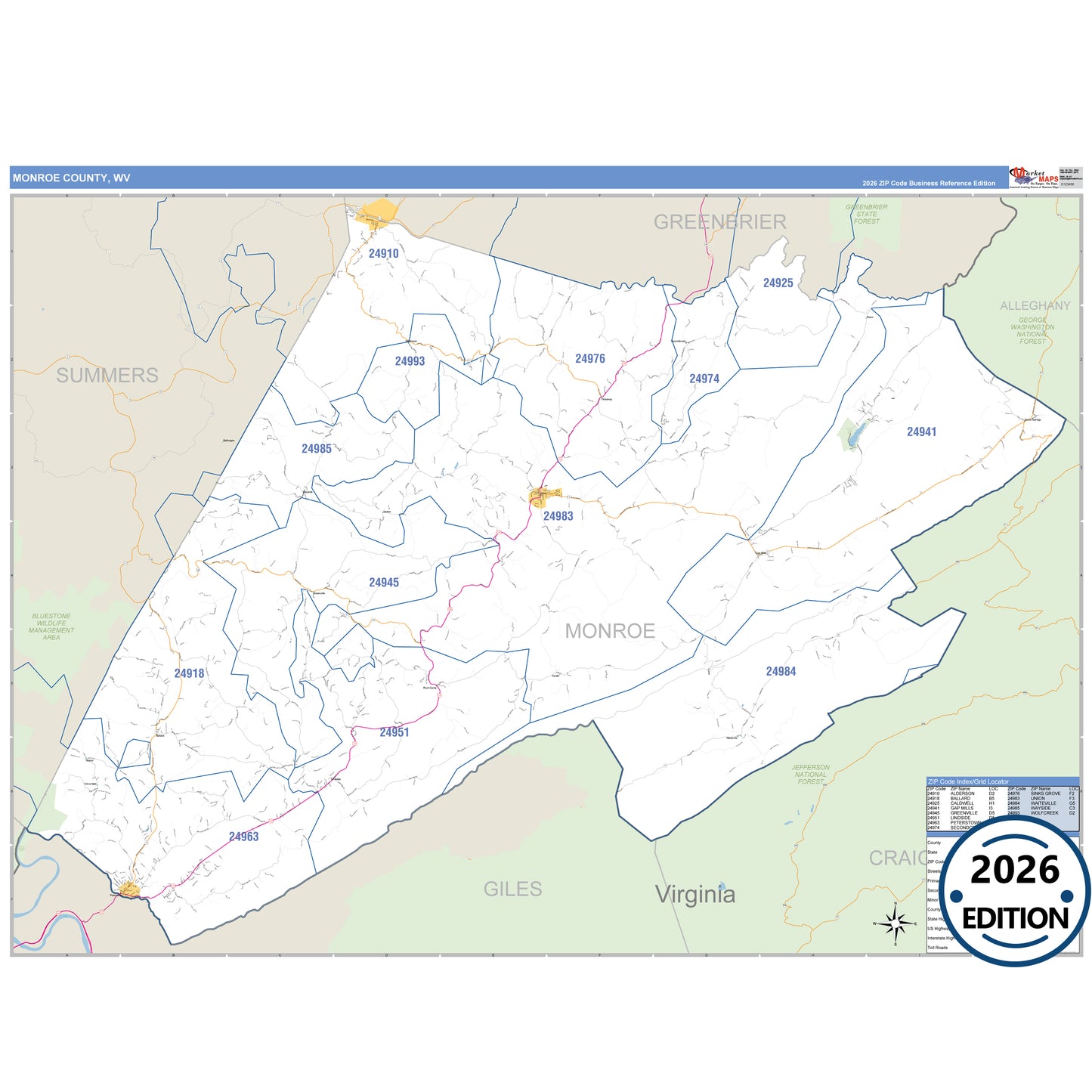 Monroe County, WV Business Reference 5 Digit ZIP Code Wall Map