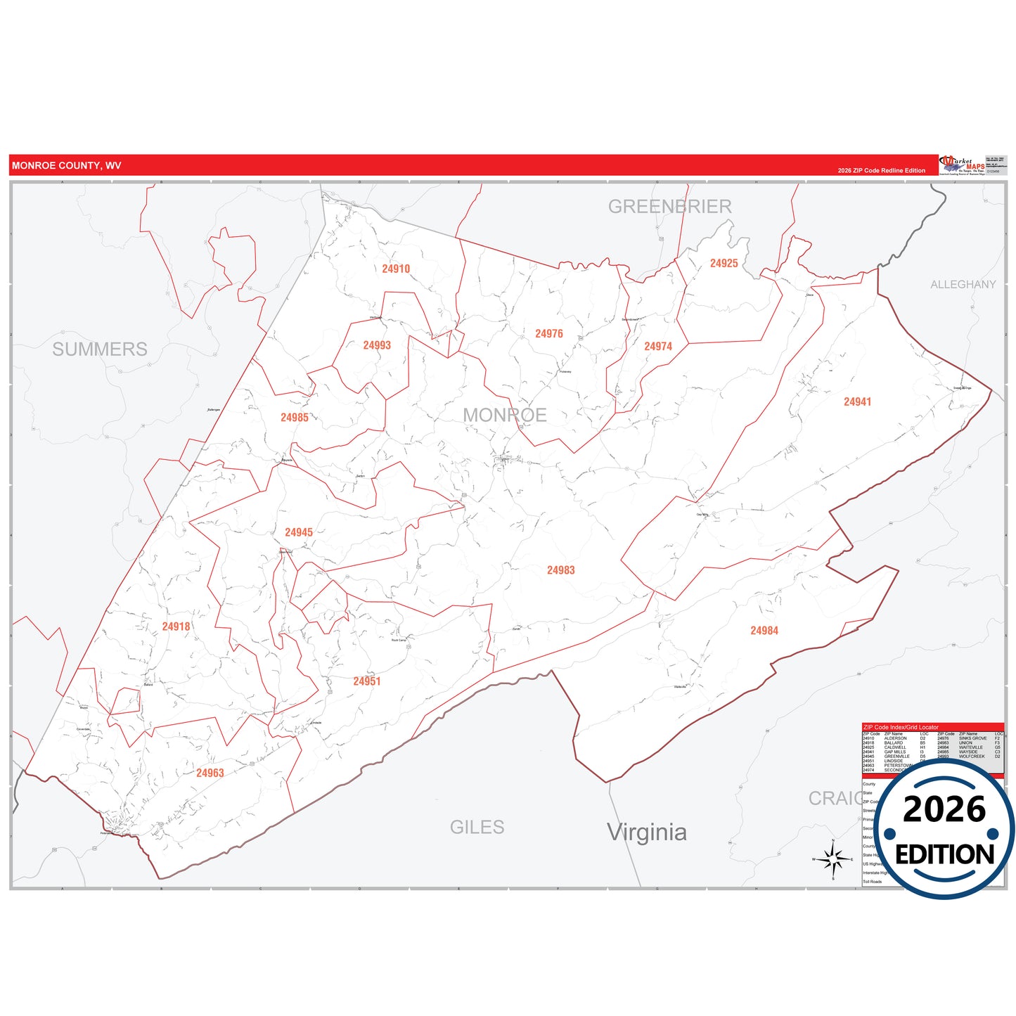 Monroe County, WV Red Line 5 Digit ZIP Code Wall Map