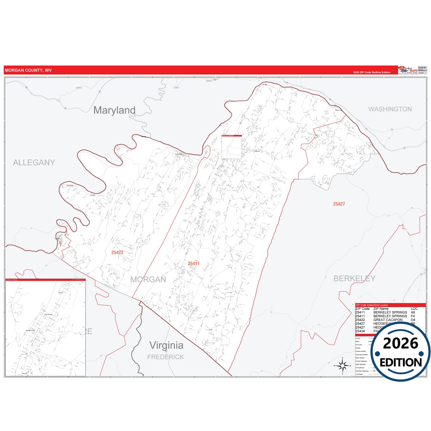 Morgan County, WV Red Line 5 Digit ZIP Code Wall Map