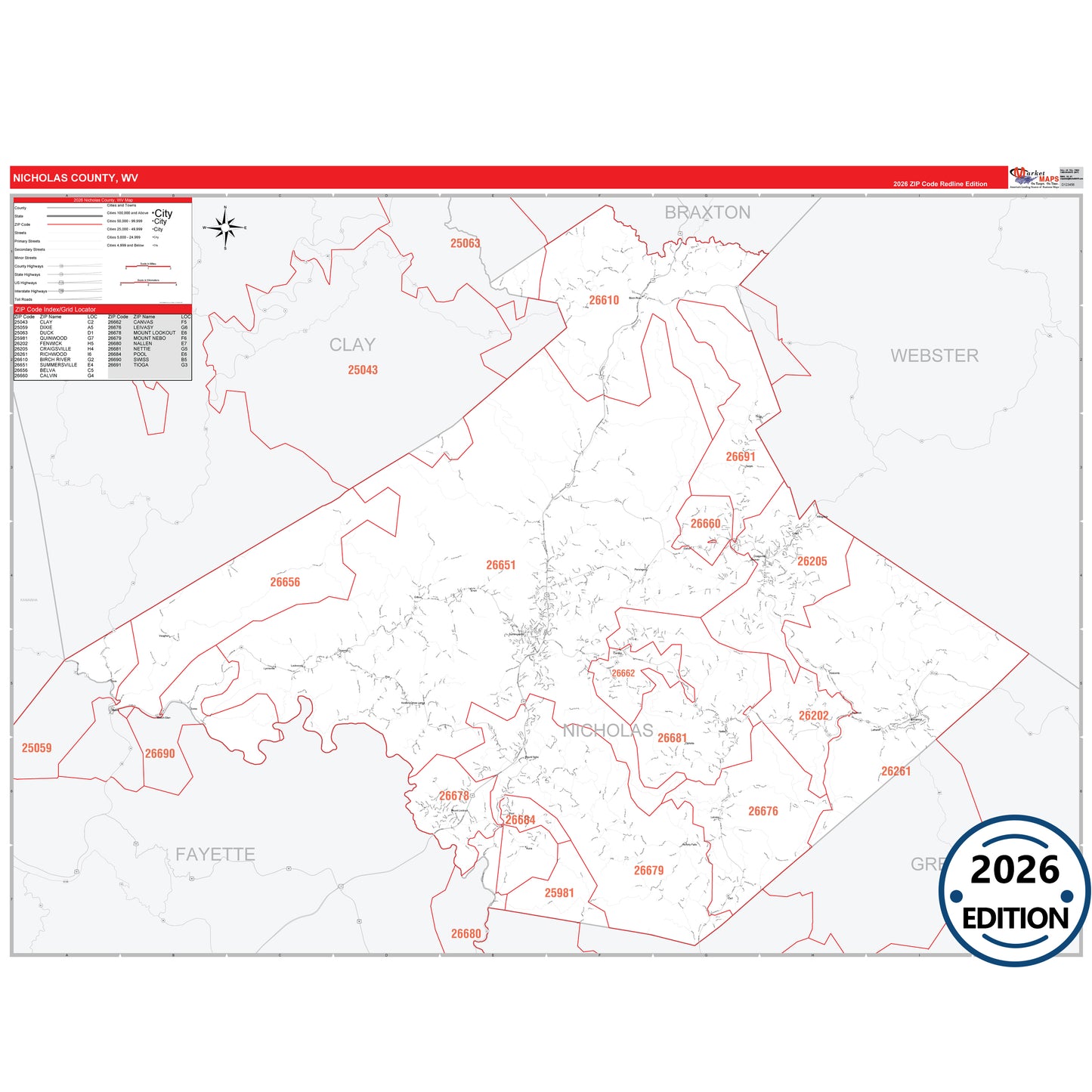Nicholas County, WV Red Line 5 Digit ZIP Code Wall Map