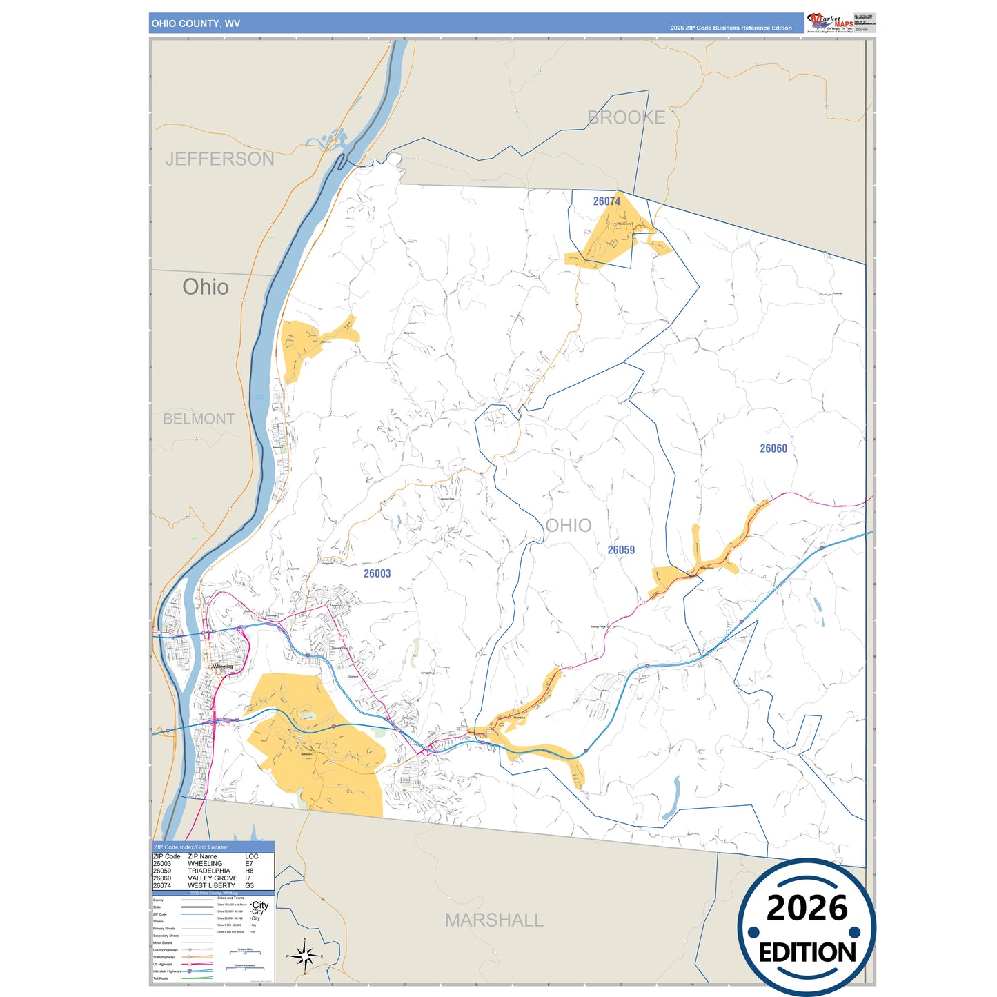 Ohio County, WV Business Reference 5 Digit ZIP Code Wall Map