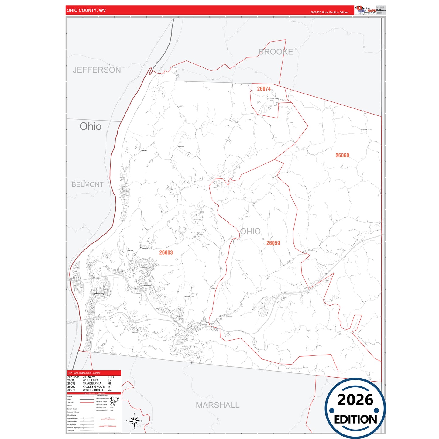 Ohio County, WV Red Line 5 Digit ZIP Code Wall Map