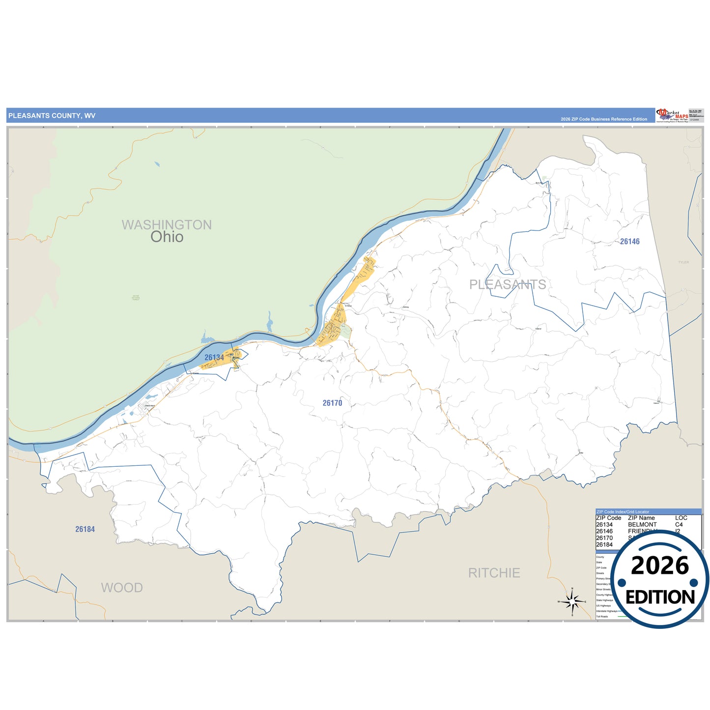 Pleasants County, WV Business Reference 5 Digit ZIP Code Wall Map