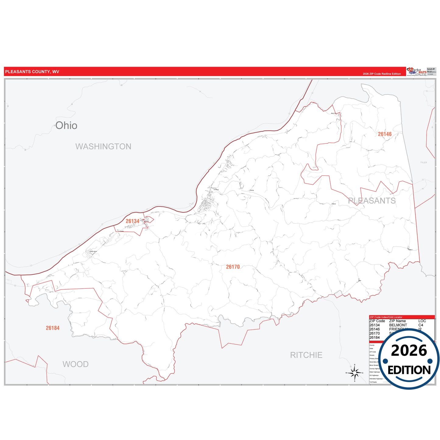 Pleasants County, WV Red Line 5 Digit ZIP Code Wall Map