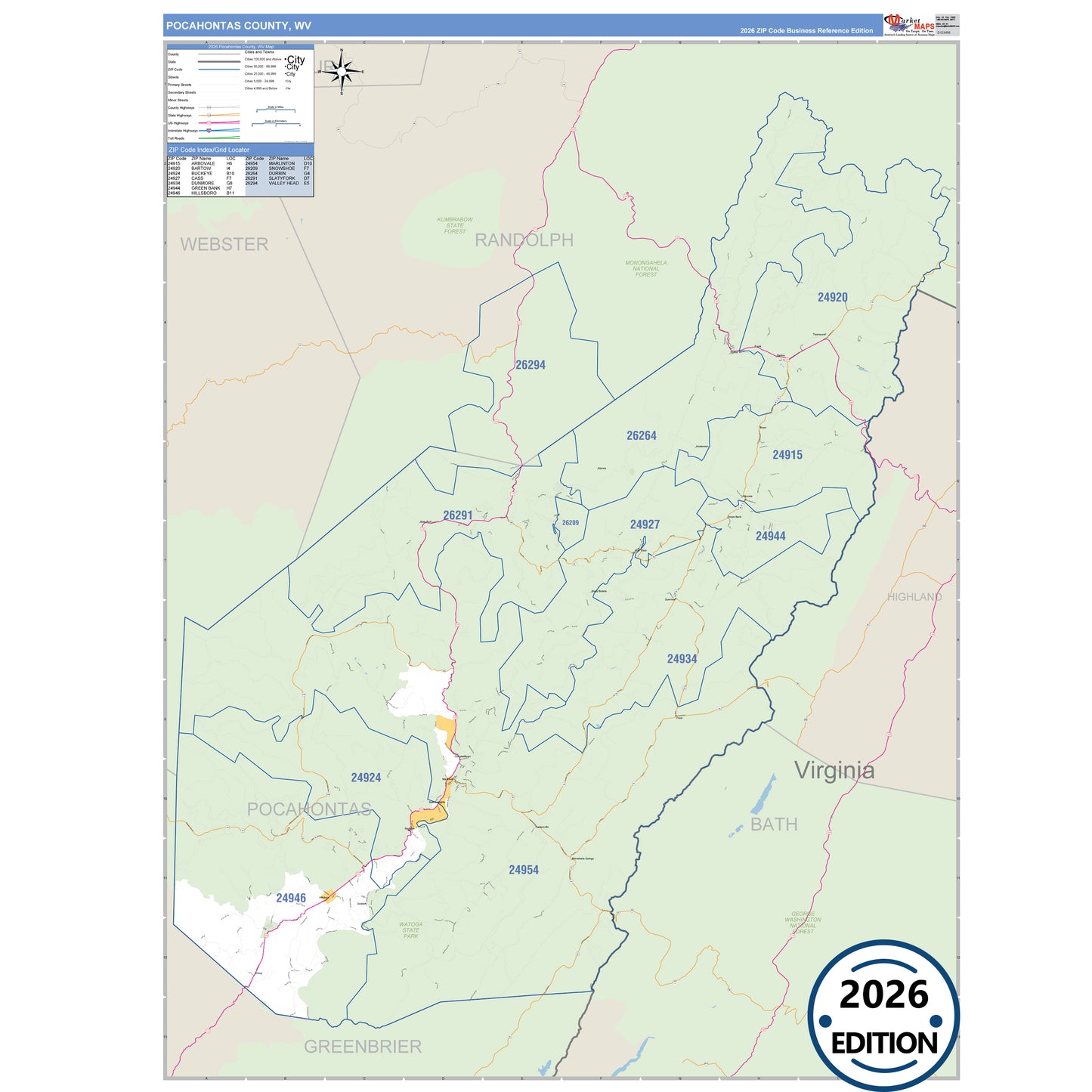 Pocahontas County, WV Business Reference 5 Digit ZIP Code Wall Map