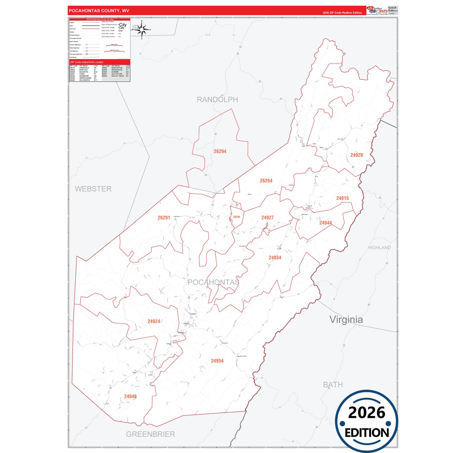 Pocahontas County, WV Red Line 5 Digit ZIP Code Wall Map