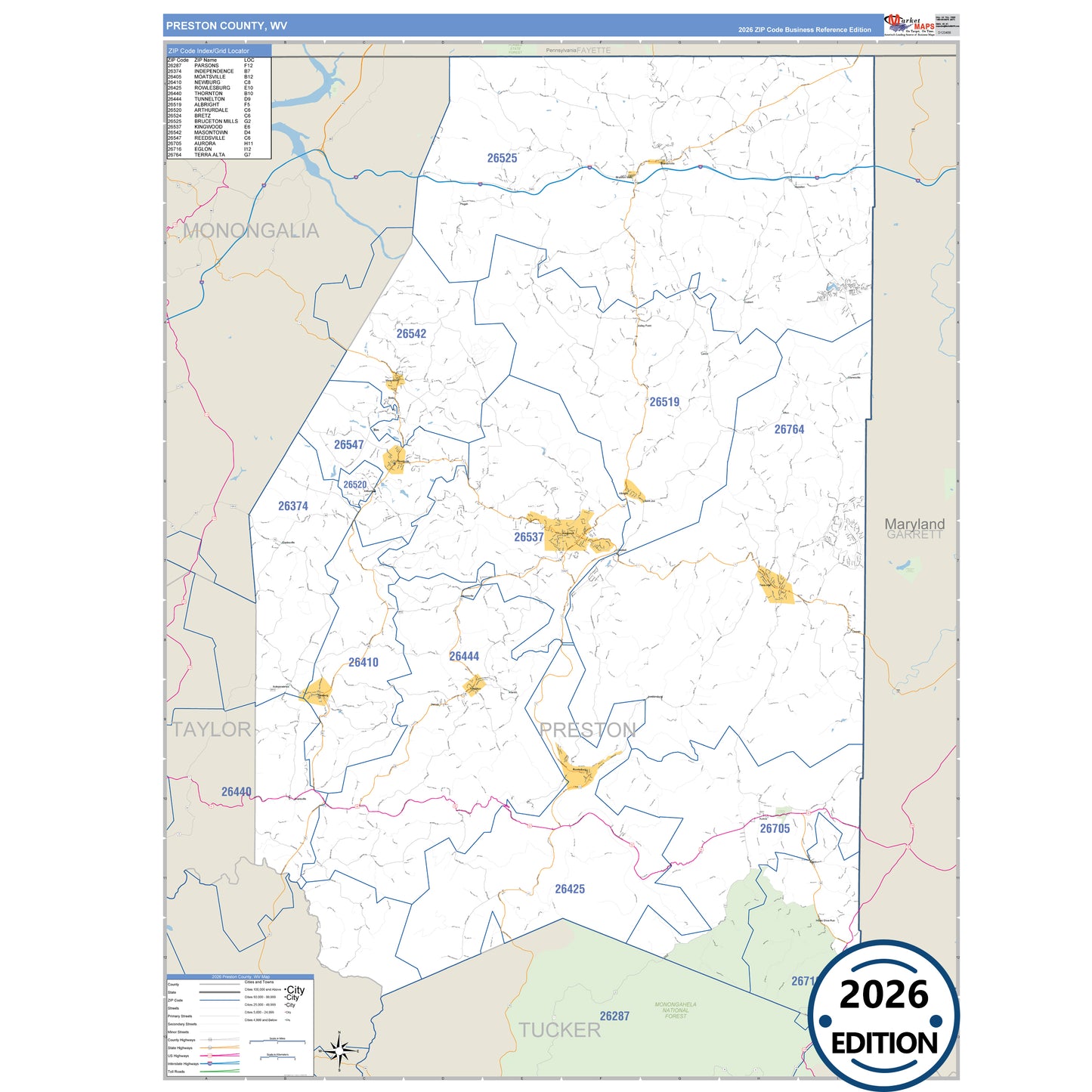 Preston County, WV Business Reference 5 Digit ZIP Code Wall Map