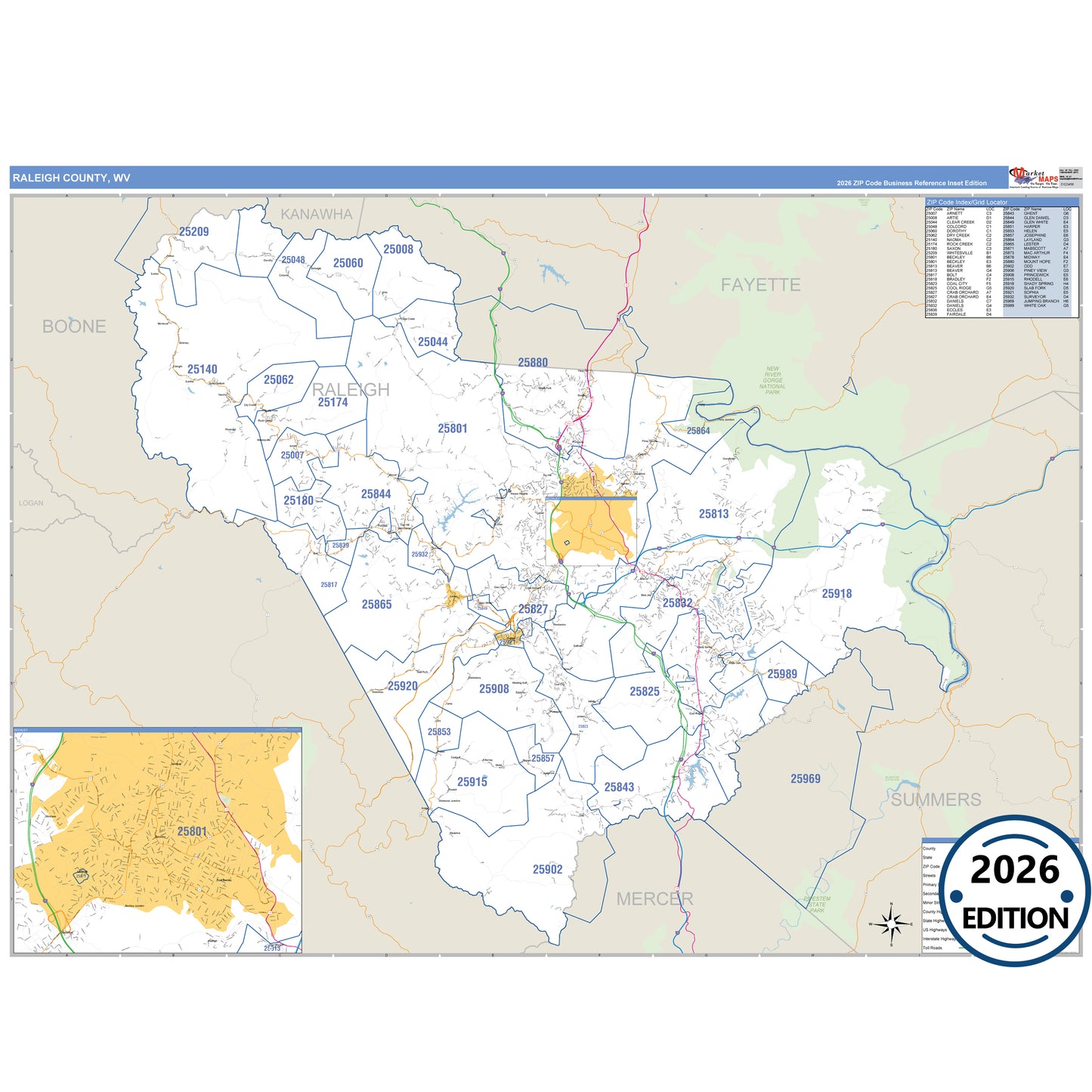 Raleigh County, WV Business Reference 5 Digit ZIP Code Wall Map
