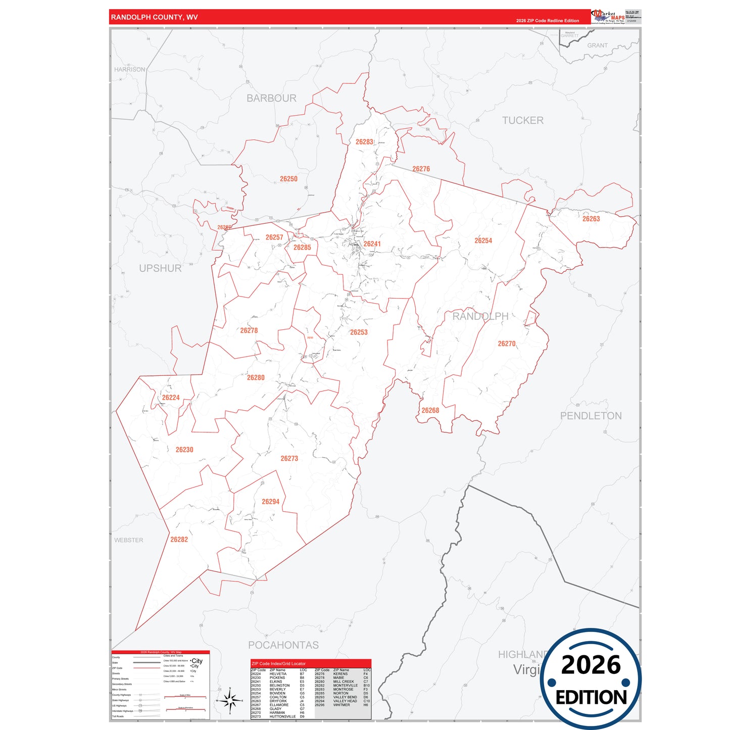 Randolph County, WV Red Line 5 Digit ZIP Code Wall Map