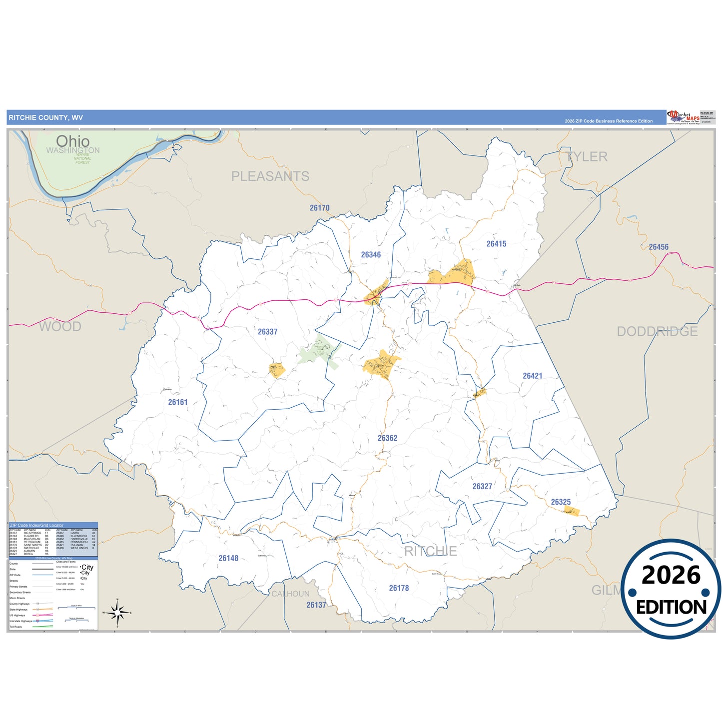 Ritchie County, WV Business Reference 5 Digit ZIP Code Wall Map