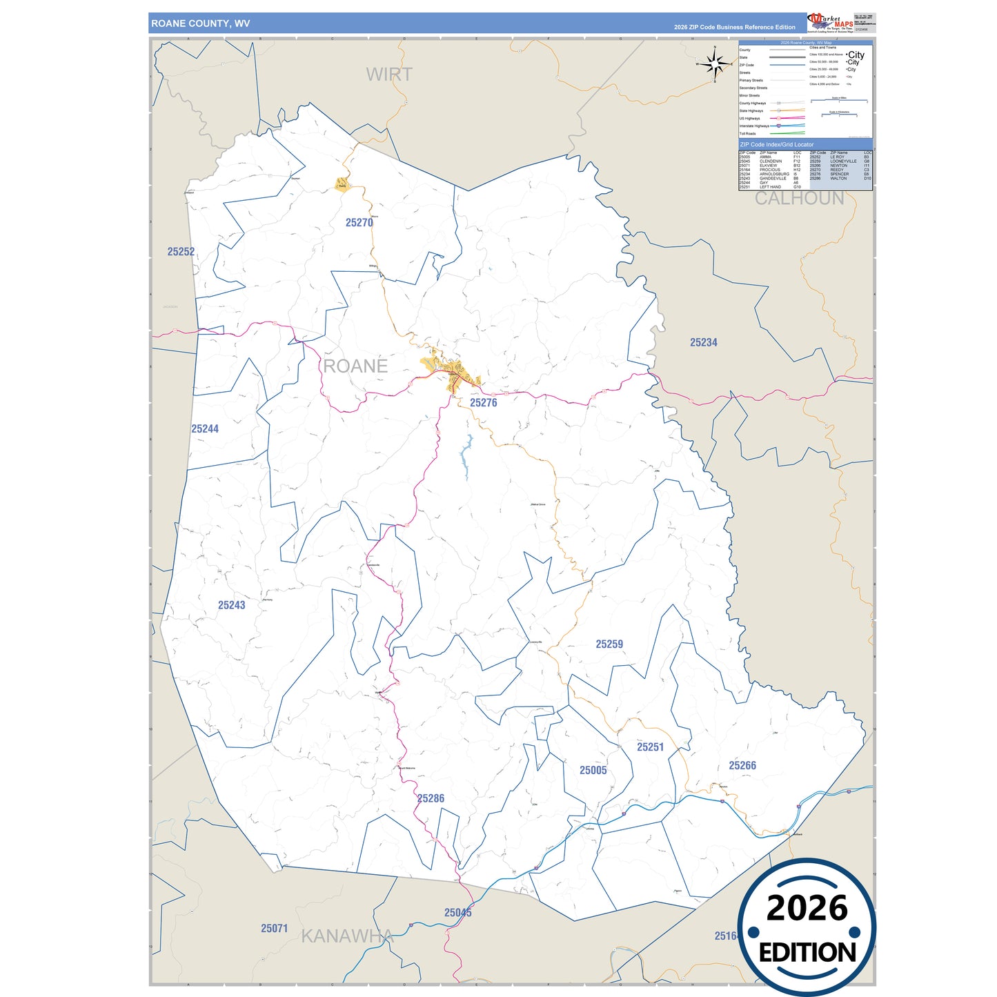 Roane County, WV Business Reference 5 Digit ZIP Code Wall Map