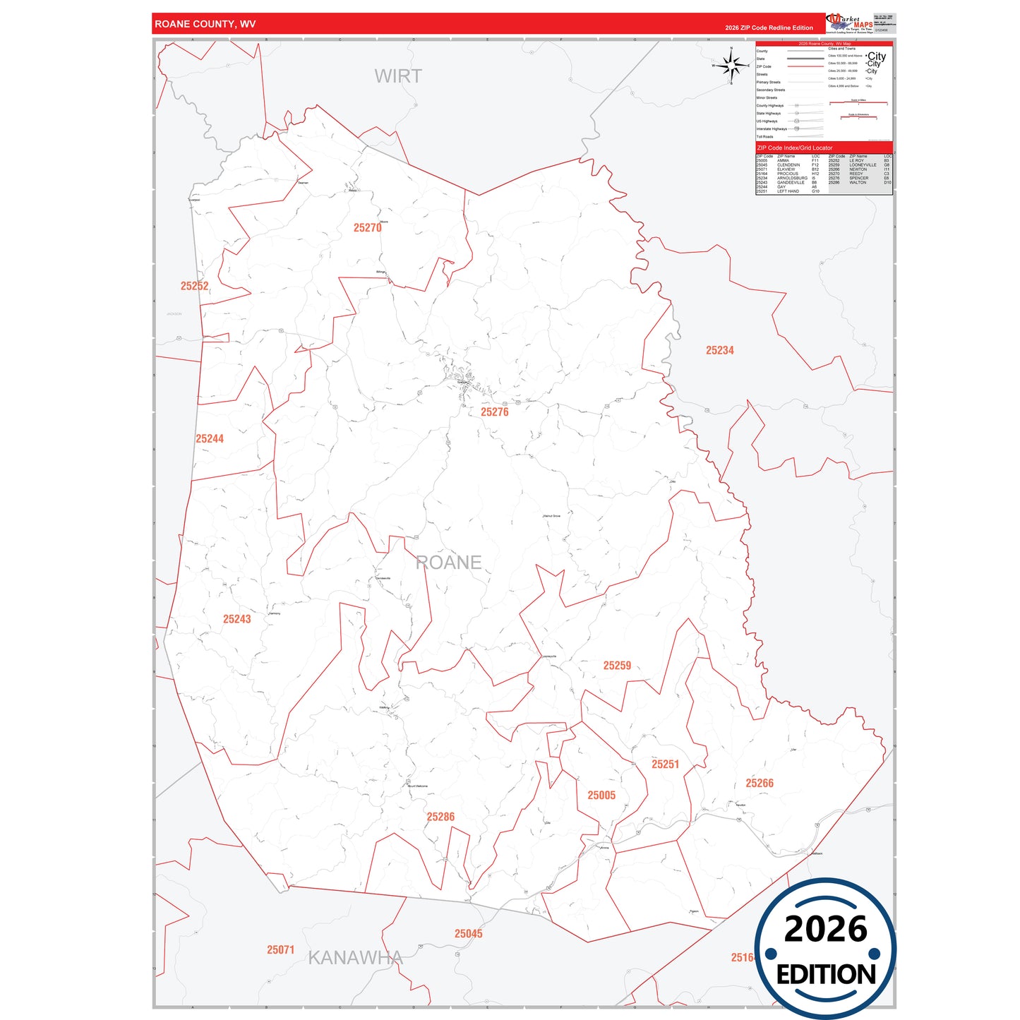Roane County, WV Red Line 5 Digit ZIP Code Wall Map