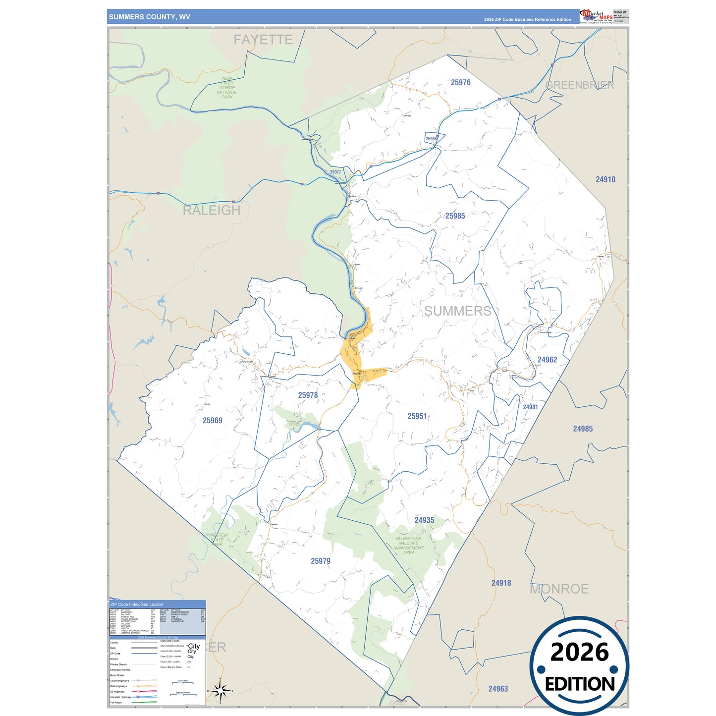 Summers County, WV Business Reference 5 Digit ZIP Code Wall Map