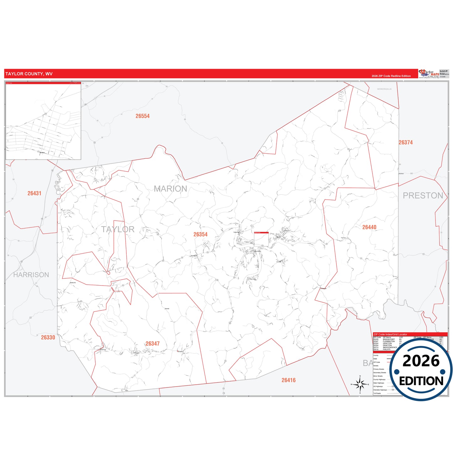 Taylor County, WV Red Line 5 Digit ZIP Code Wall Map