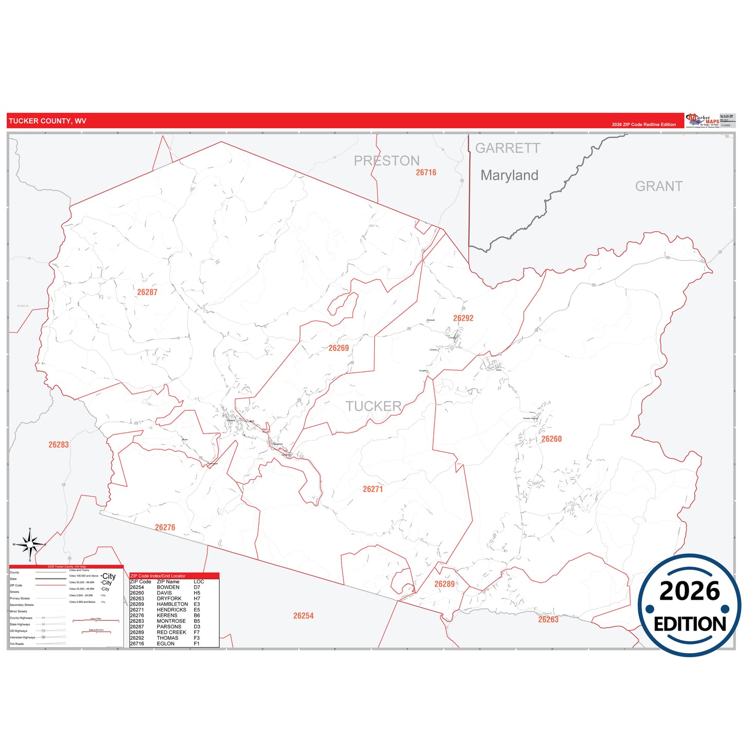 Tucker County, WV Red Line 5 Digit ZIP Code Wall Map