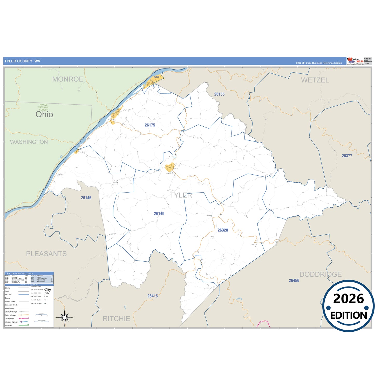 Tyler County, WV Business Reference 5 Digit ZIP Code Wall Map