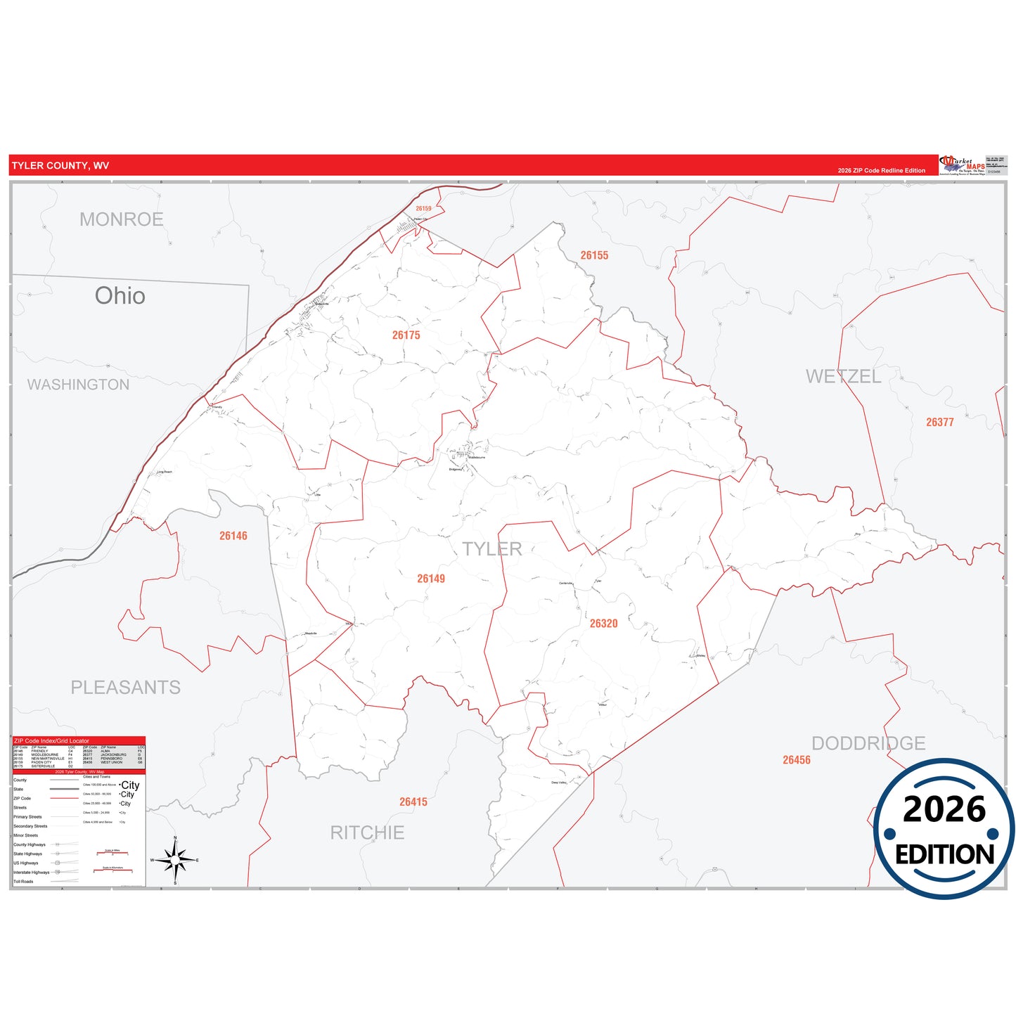 Tyler County, WV Red Line 5 Digit ZIP Code Wall Map