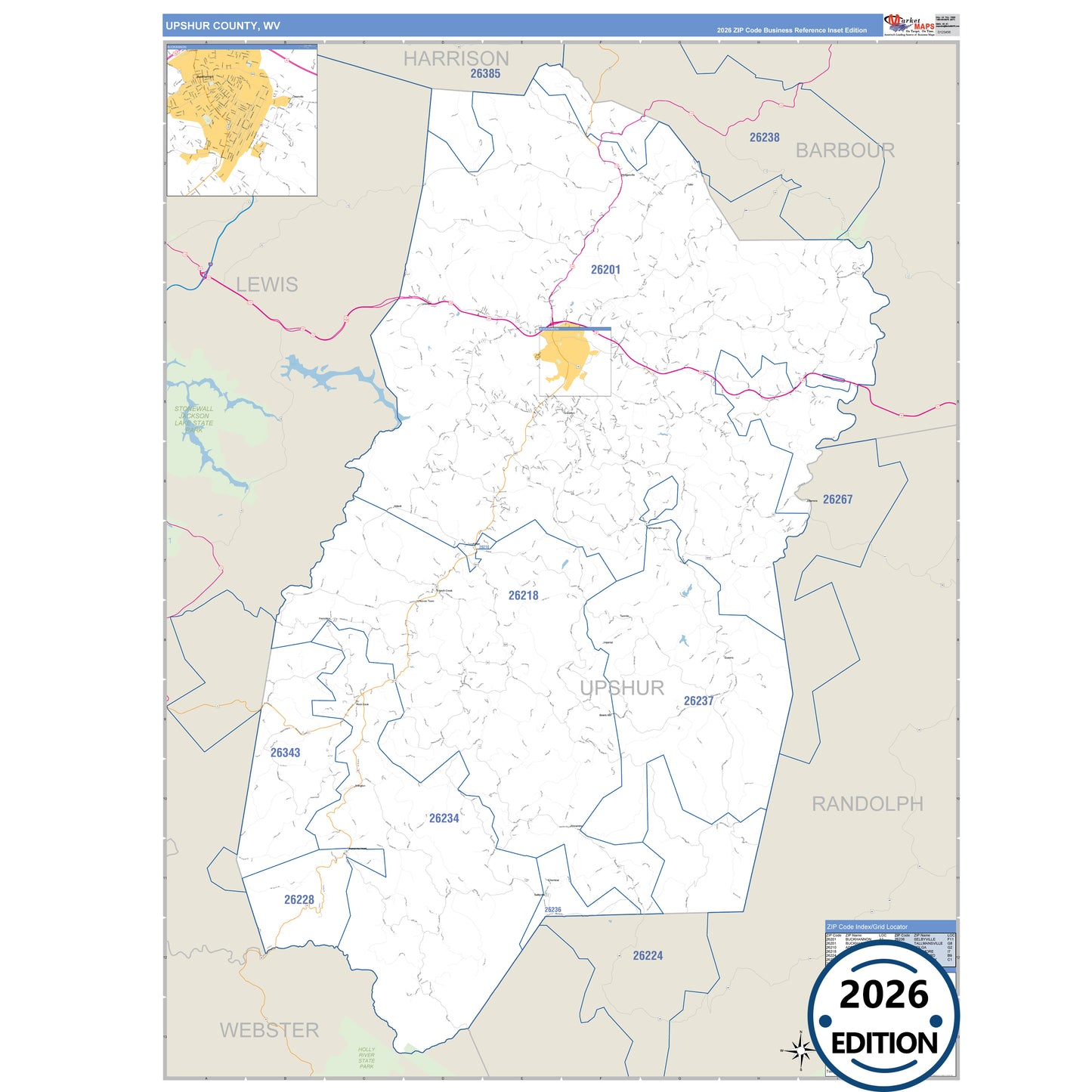 Upshur County, WV Business Reference 5 Digit ZIP Code Wall Map