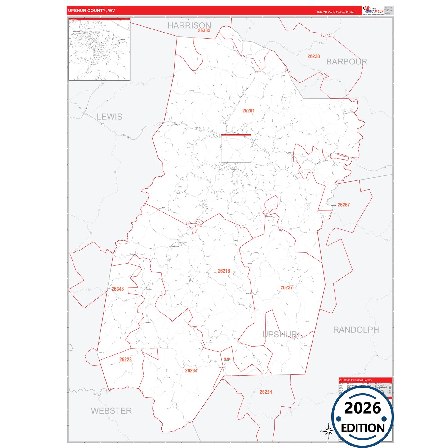 Upshur County, WV Red Line 5 Digit ZIP Code Wall Map