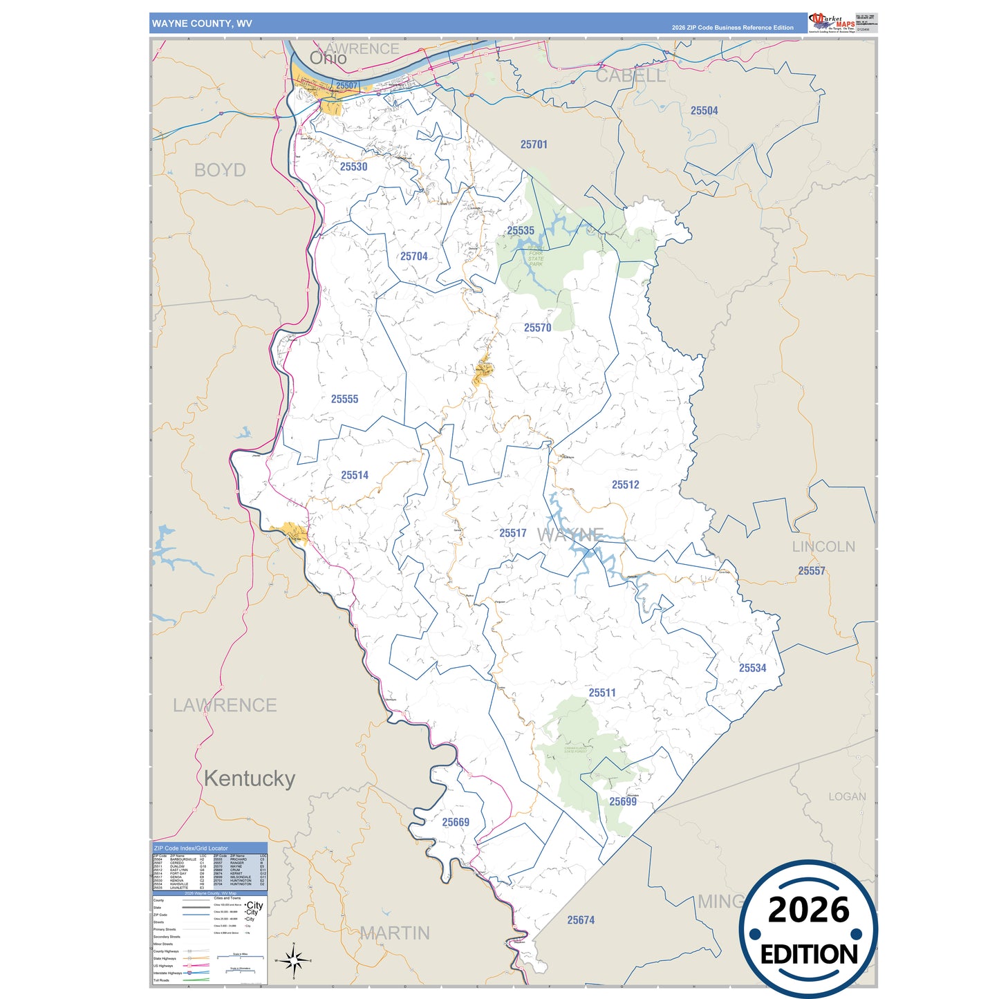 Wayne County, WV Business Reference 5 Digit ZIP Code Wall Map