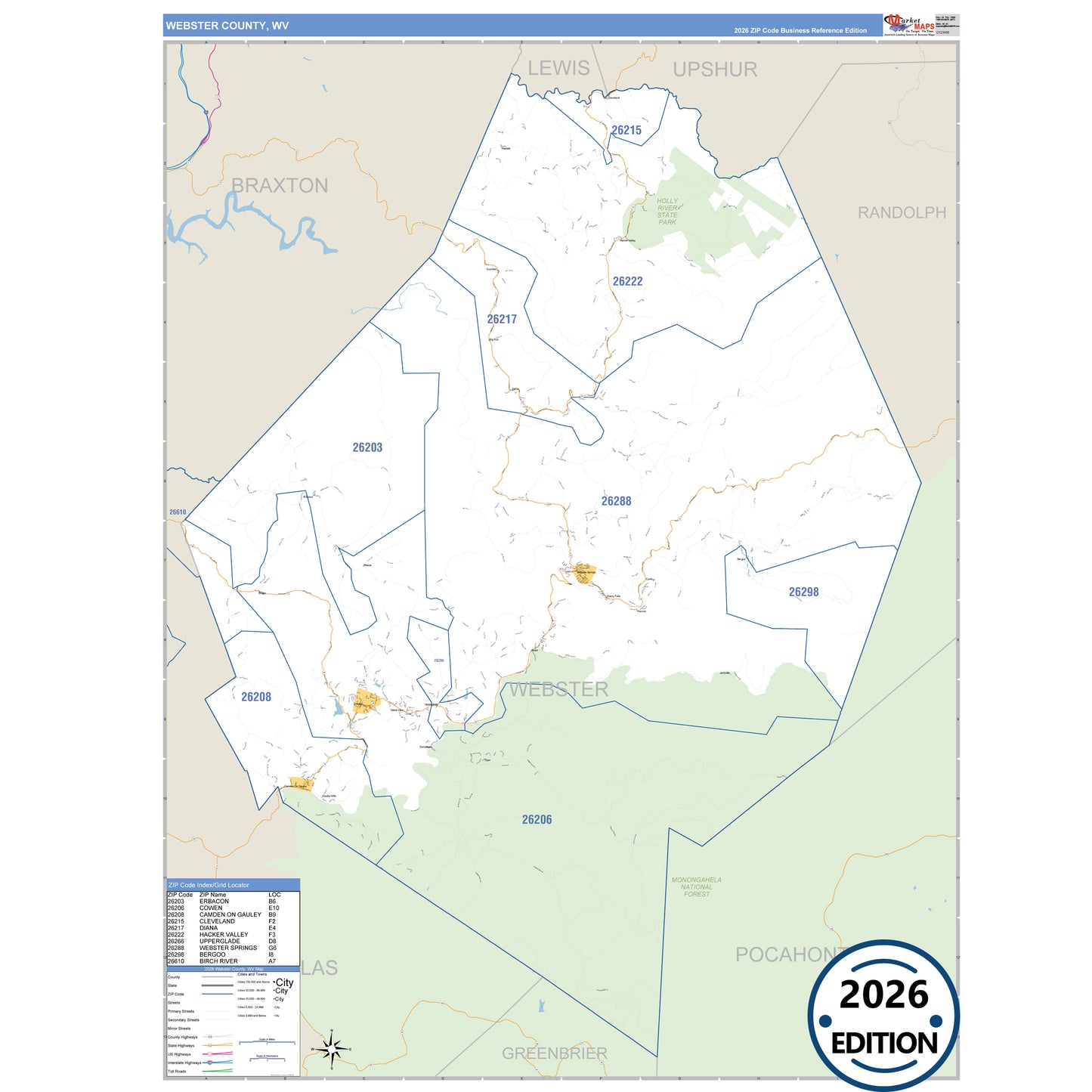 Webster County, WV Business Reference 5 Digit ZIP Code Wall Map