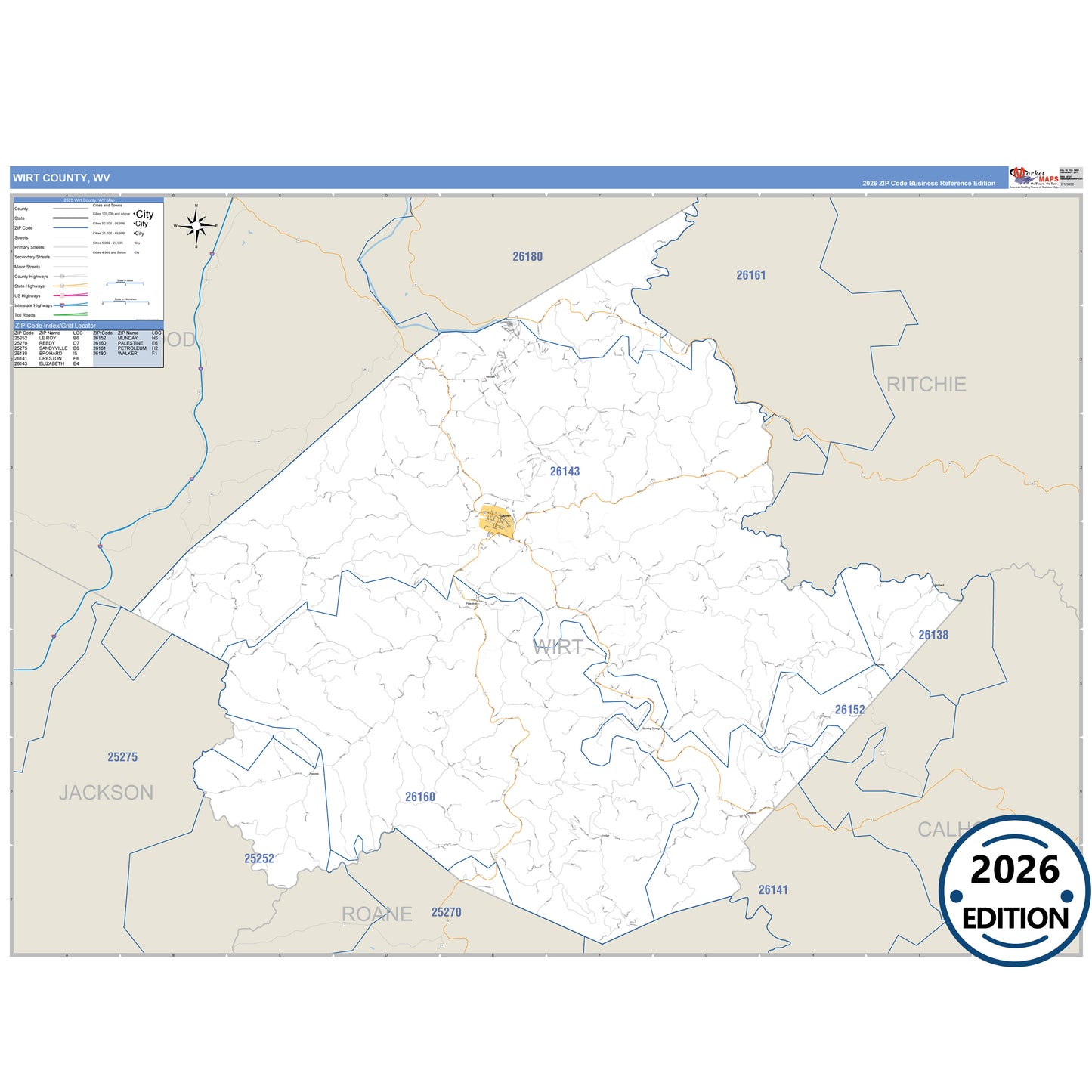 Wirt County, WV Business Reference 5 Digit ZIP Code Wall Map