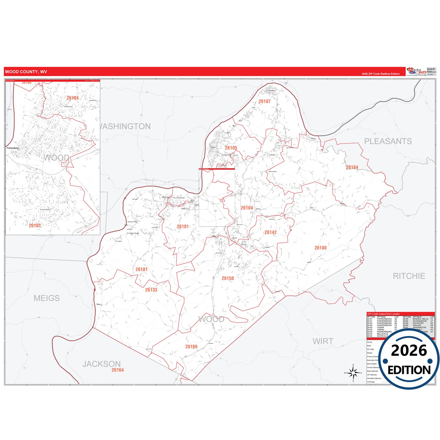 Wood County, WV Red Line 5 Digit ZIP Code Wall Map