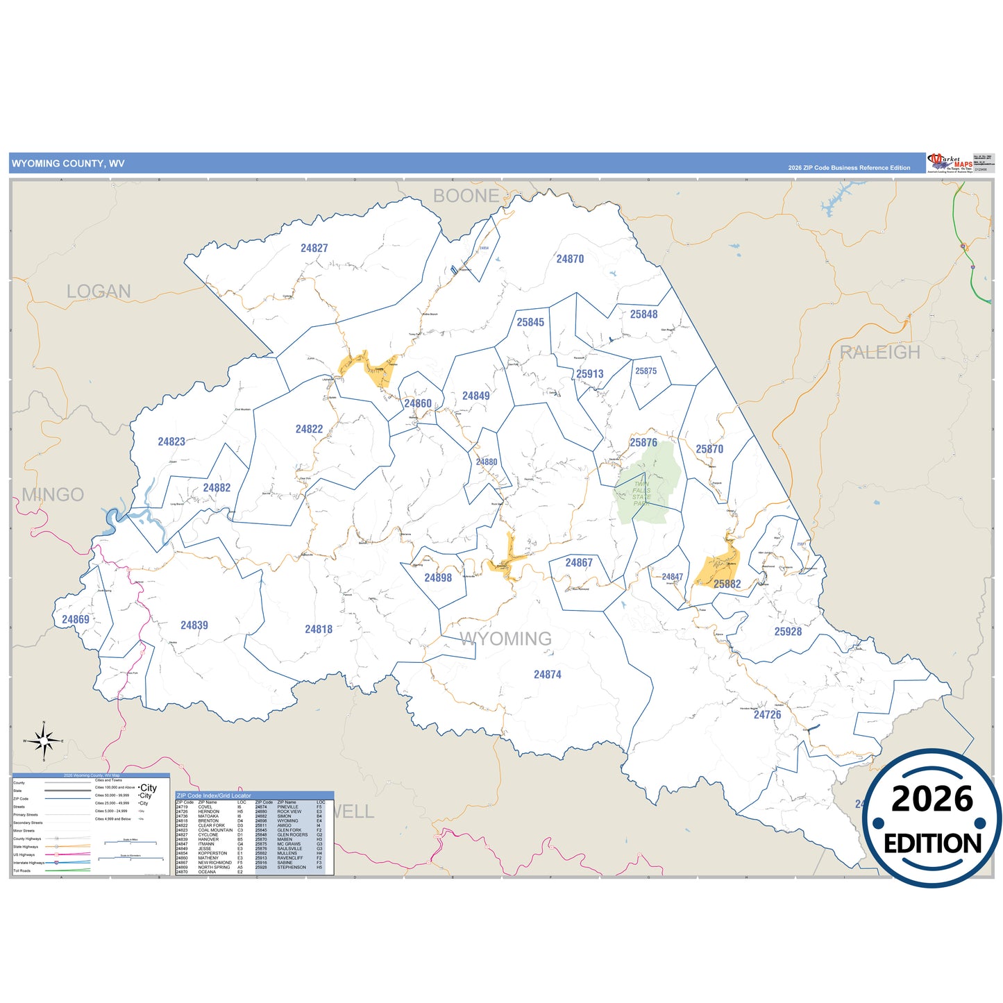 Wyoming County, WV Business Reference 5 Digit ZIP Code Wall Map