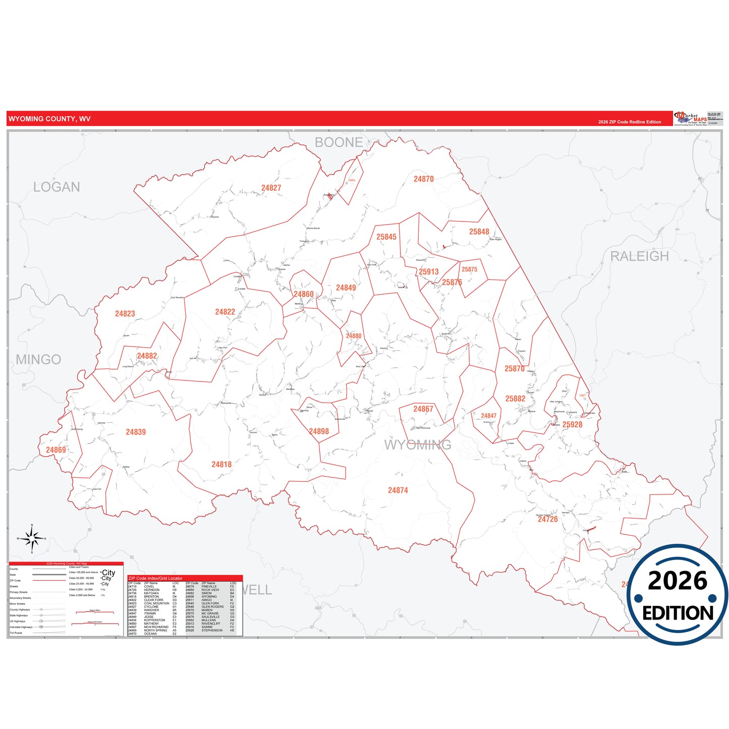 Wyoming County, WV Red Line 5 Digit ZIP Code Wall Map