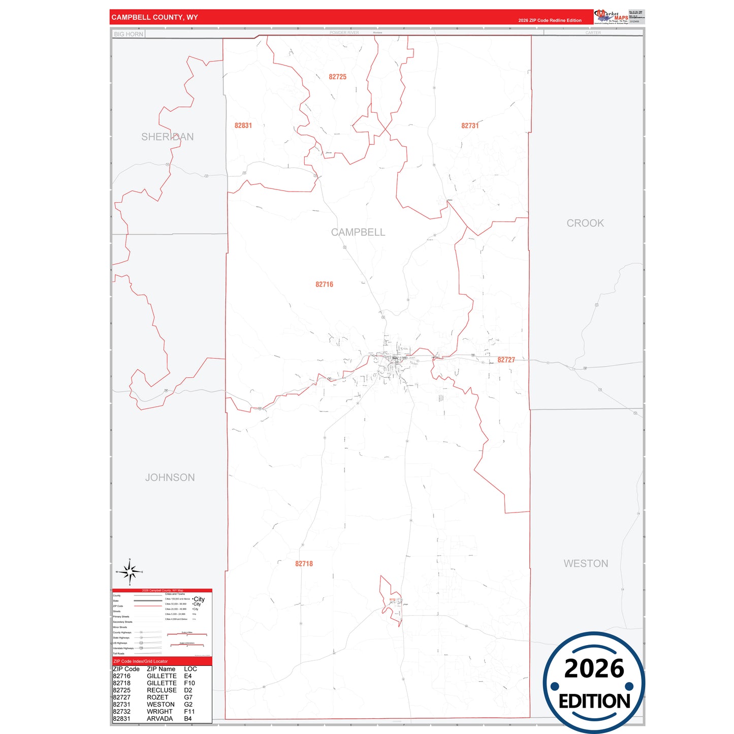 Campbell County, WY Red Line 5 Digit ZIP Code Wall Map